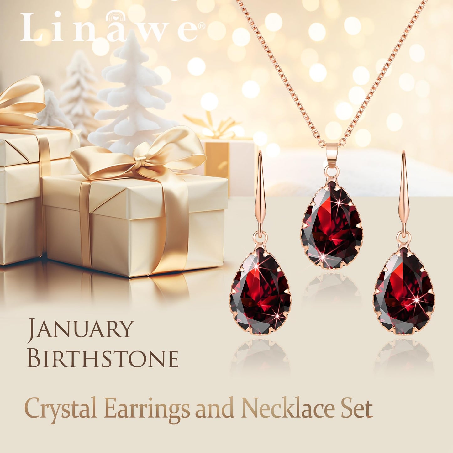 Linawe Ruby Crystal Jewelry Sets, Red Earring Necklace Rose Gold, Imitation Diamond Pendant Necklace, Rhinestone Dangle Earrings, Boho Wedding Rhinestone Cubic Zirconia Teardrop