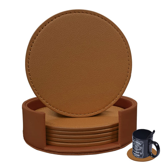 KEMMPER Coasters Set of 6 Soft Leather Drink Coaster Round Coaster with Sewing Around, Suitable for Various Cups, Wooden Tables,Home Decoration,4 Inches(Brown)
