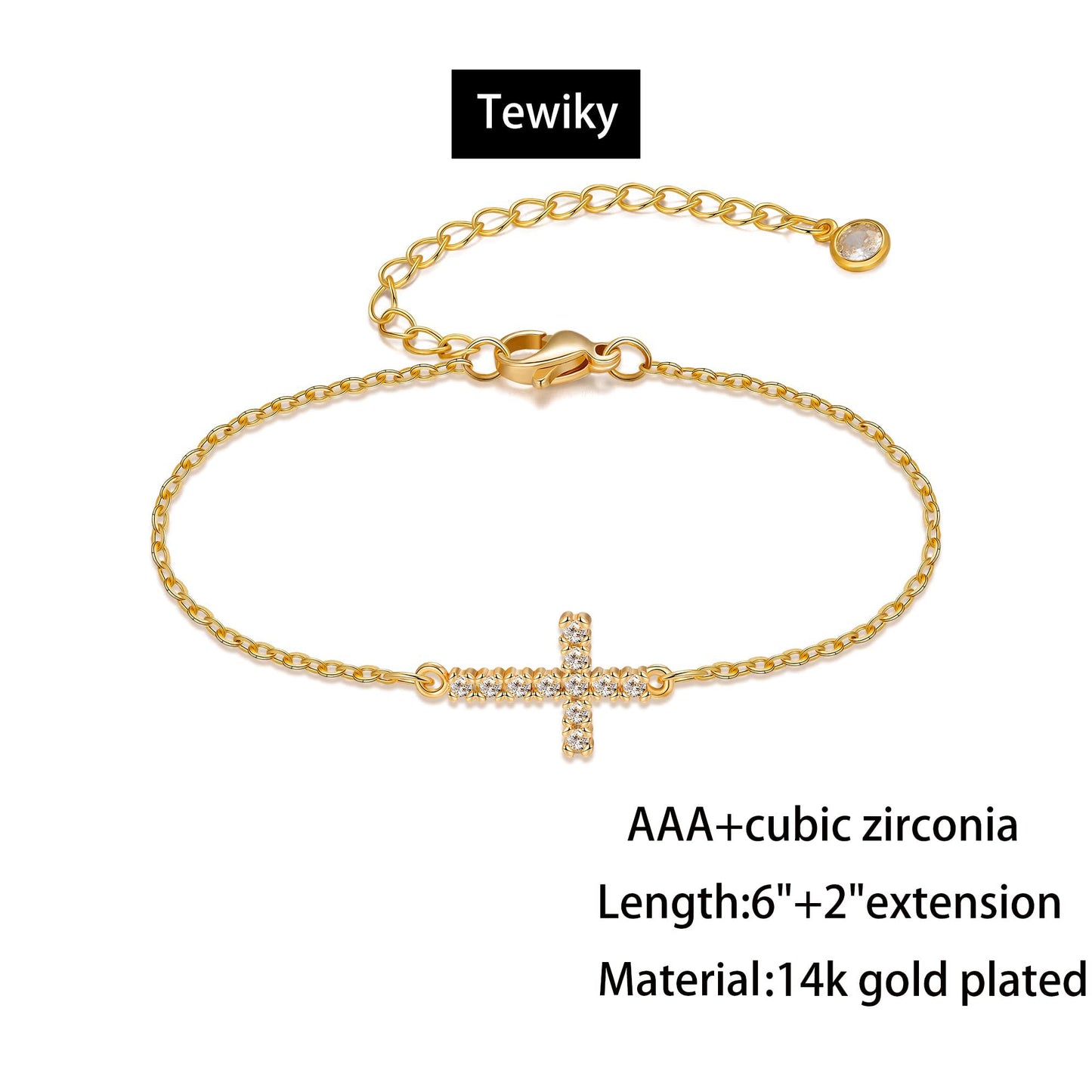 Tewiky Cross Bracelet for Women Dainty 14k Gold Plated Cubic Zirconia Cute Tiny Bracelet Confirmation Gifts for Women