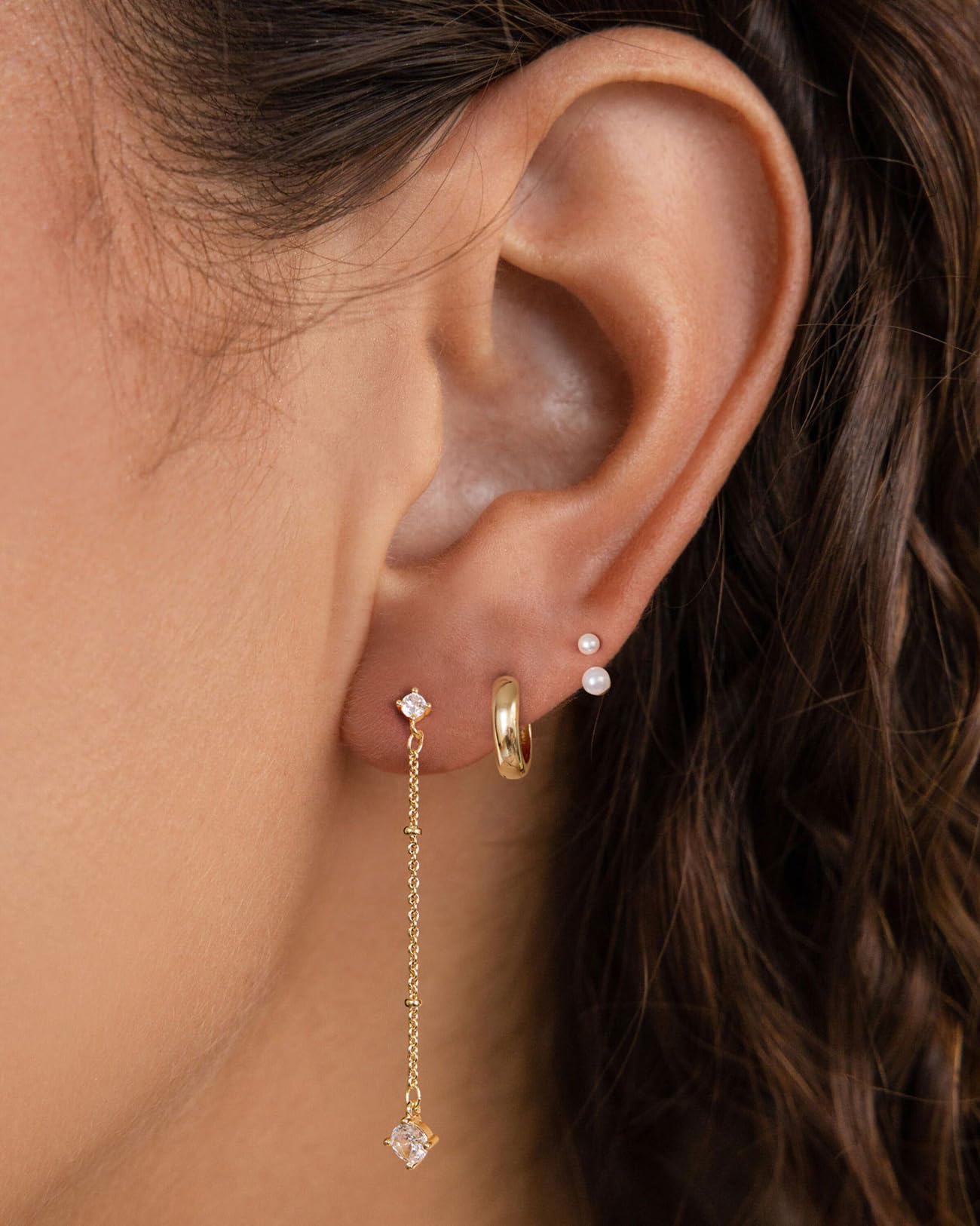 PRTGL Pearl Earrings - 14K Gold Plated Pearl Ear Jacket Polished Huggie Hoop Dangle Earrings Set for Women