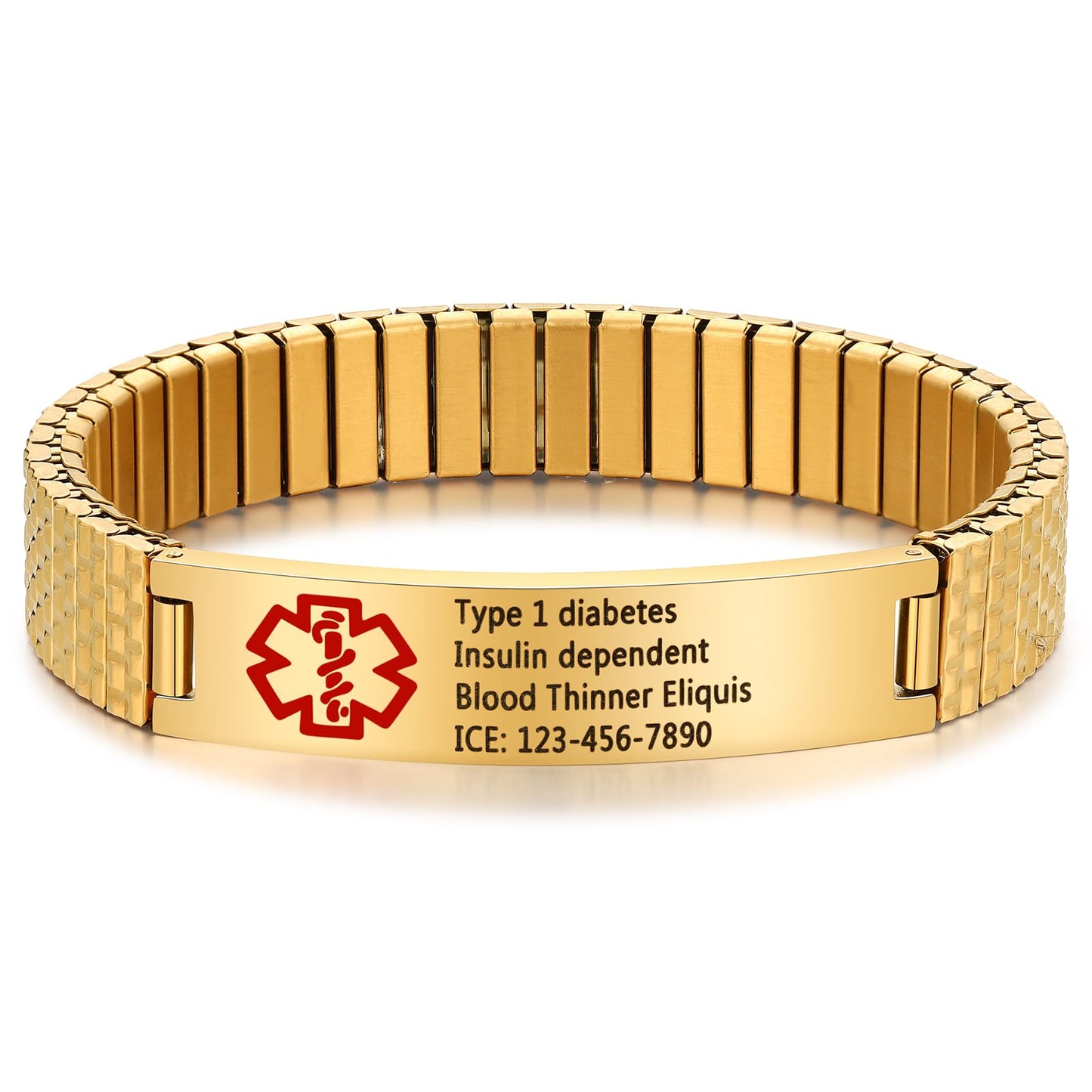 Bijouweled Medical Alert Bracelet for Women Men 7.5 to 9.8 Inches Emergency ID Bracelets Free Engraving Personalized Medic Alert Bracelet for Adult (Gold 7.3inch stretchable)