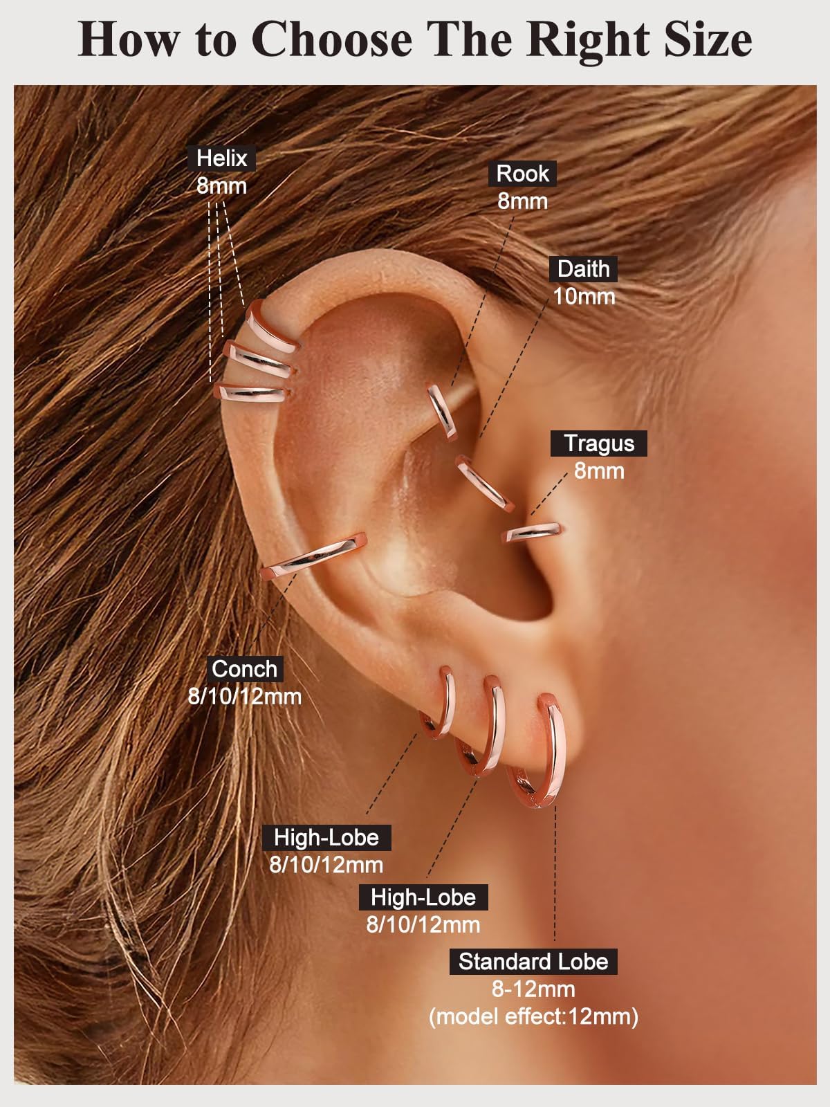 SILVERCUTE 925 Sterling Silver Huggie Hoop Earrings for Women,Hypoallergenic Rose Gold Small Hoop Earring Cartilage Earring Lightweight Huggies Earrings for Women,8/10/12mm