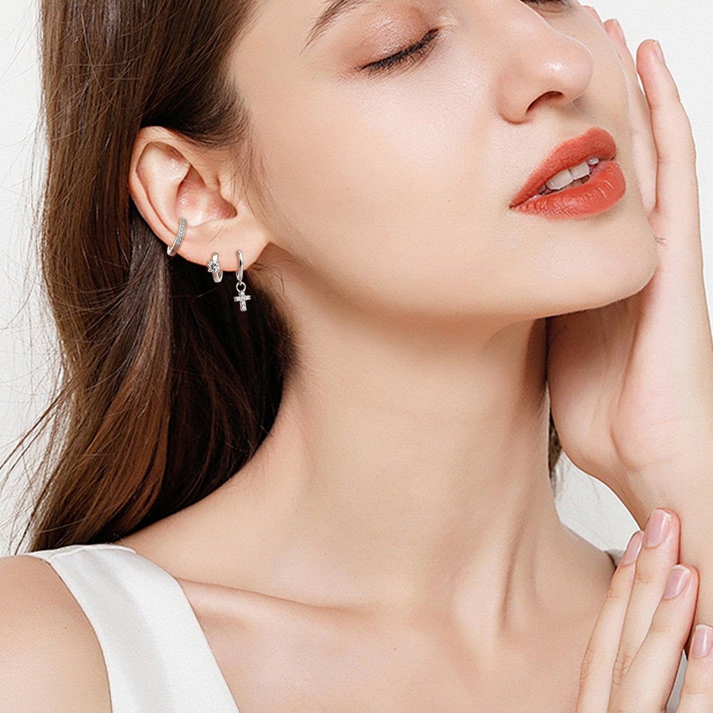 Frigotine 3PCS Silver Ball Cross Butterfly Dangle Small Hoop Earrings Stack Set for Woman, Dainty Rhinestone CZ Drop Multiple Piercing Cartilage Huggie Earing Wedding Prom Fashion Jewelry Gifts