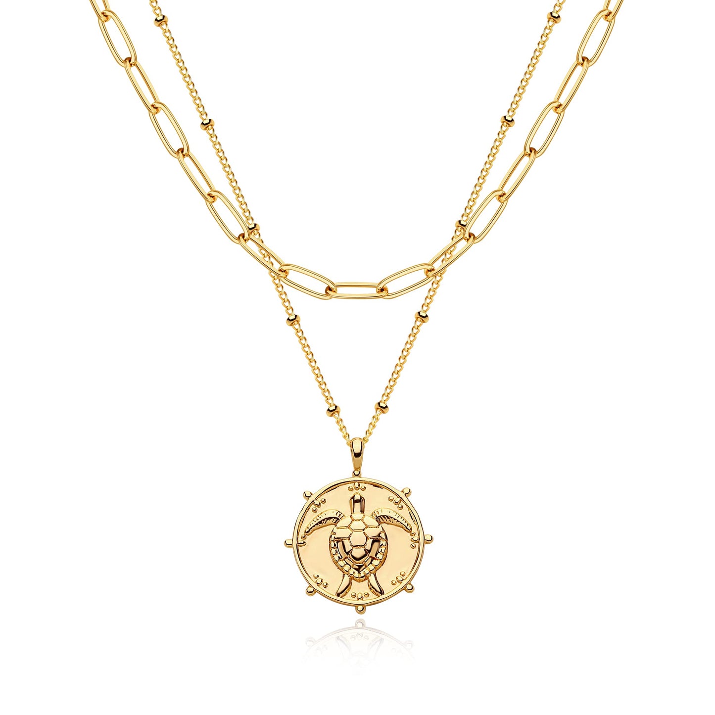 MEVECCO Gold Layered Choker Necklace for Women, 18K Gold Plated Cute Dainty Round Coin Turtle Pendant Satellite Chain Minimalist Choker Necklace for Jewelry