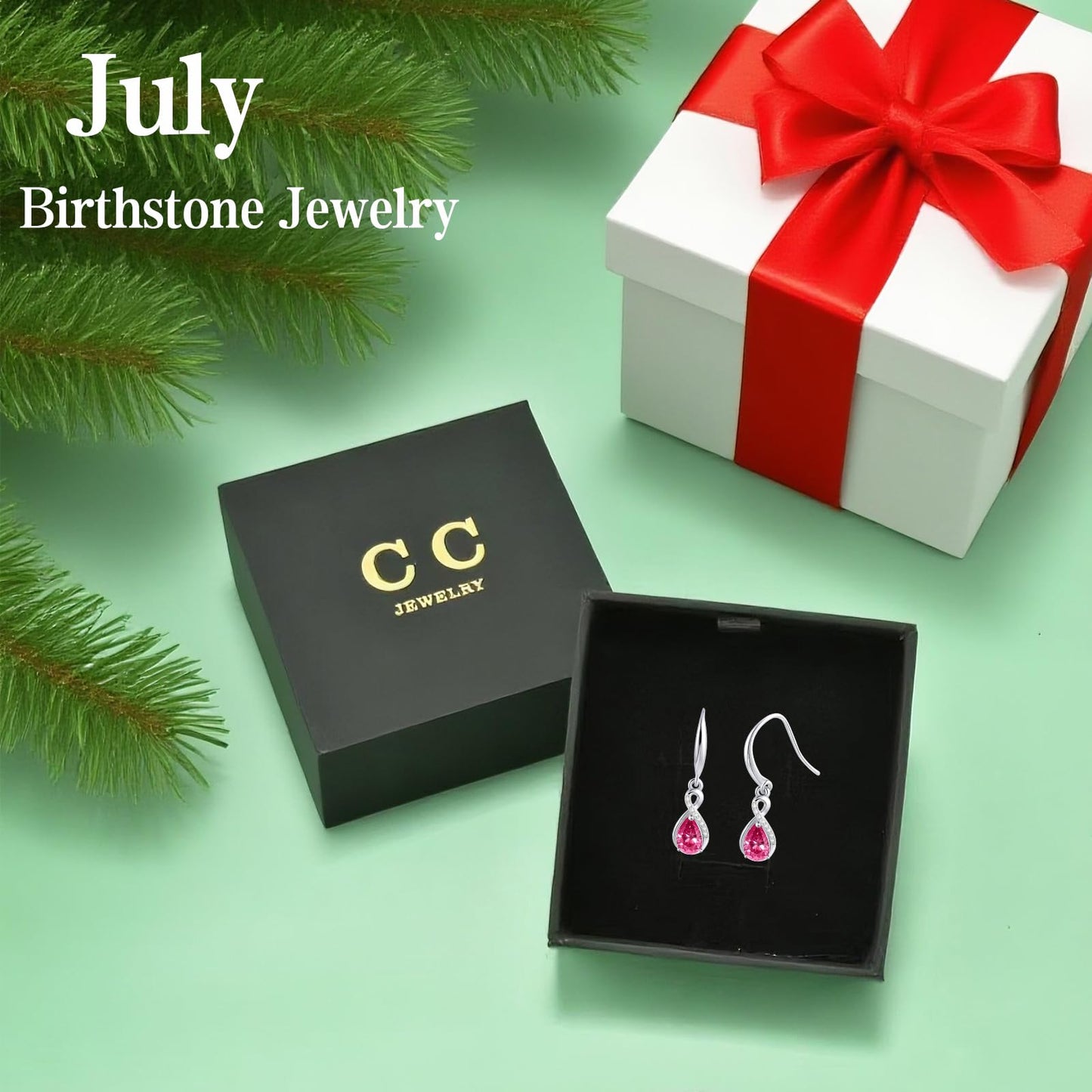 Infinity Birthstone Earrings 18K White Gold Plated 925 Sterling Silver Teardrop Infinity Drop Dangle Earrings Ruby Jewelry Birthday Gifts for Women Her Mother Wife