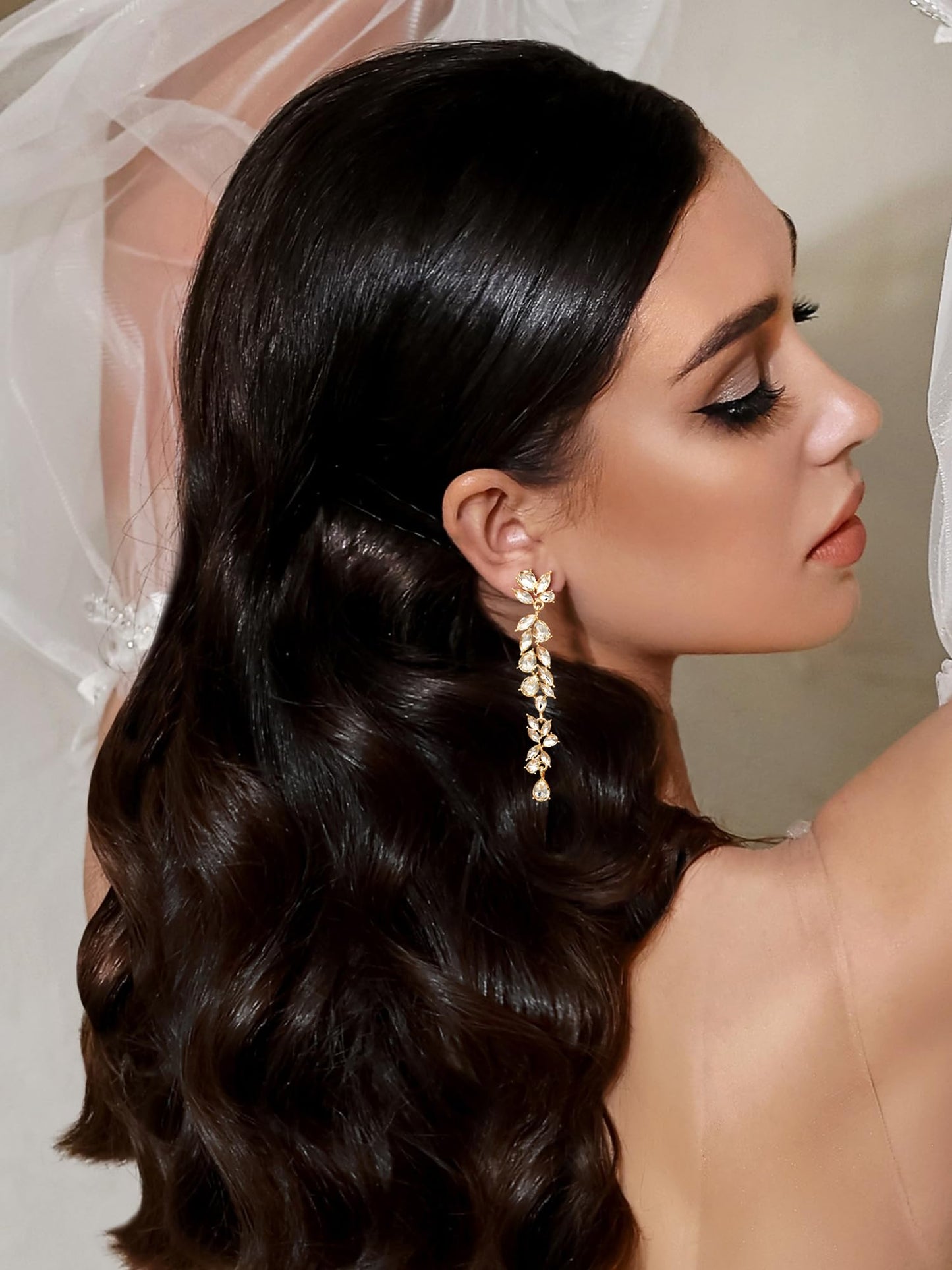 SWEETV Long Gold Rhinestone Dangle Earrings for Women, Wedding Bridal Earrings for Brides, Crystal Chandelier Drop Earrings for Prom or Pageant