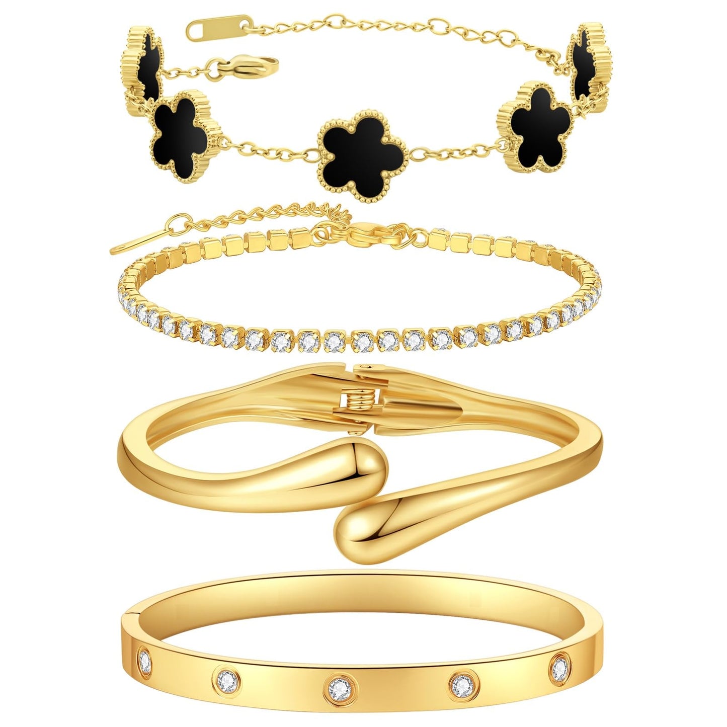 Mothers Day Gifts for Mom 18K Gold-Plated Bracelet Set – Floral Clover, Tennis, Chunky Adjustable Twist Cuff, Classic Gold-plated Bangle Stainless Steel, Non Tarnish, Stackable Bracelet Gift for Women