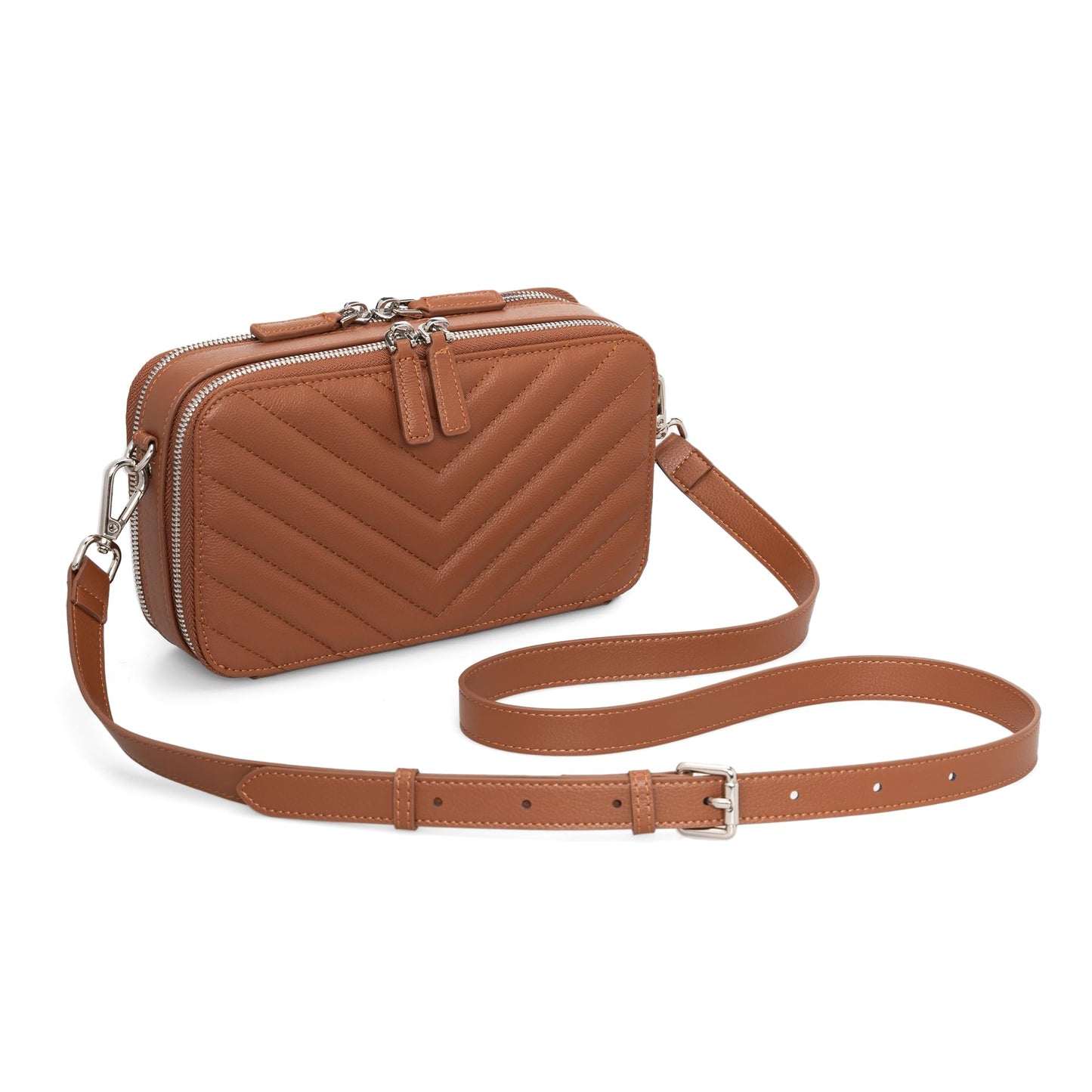 befen Quilted Genuine Leather Crossbody Bags for Women, Purses with Built in RFID Wallet, Woman Camera Shoulder Bag Handbags, Brown Crossbody Purses with Adjustable Strap