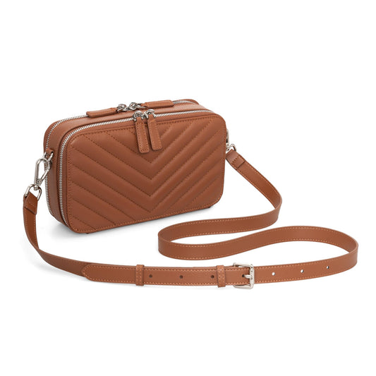 befen Quilted Genuine Leather Crossbody Bags for Women, Purses with Built in RFID Wallet, Woman Camera Shoulder Bag Handbags, Brown Crossbody Purses with Adjustable Strap
