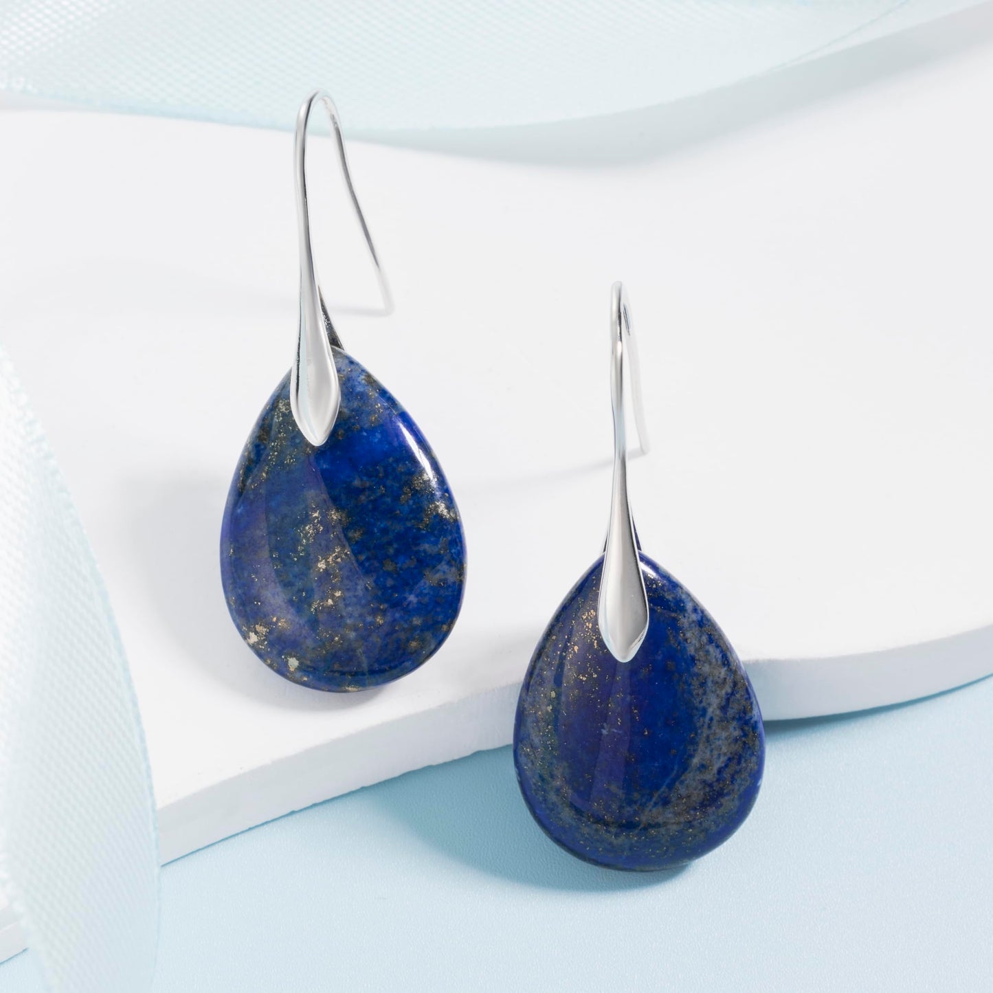 SELOVO Blue Agate Stone Teardrop Fishhook Dangle Drop Earrings Silver Tone