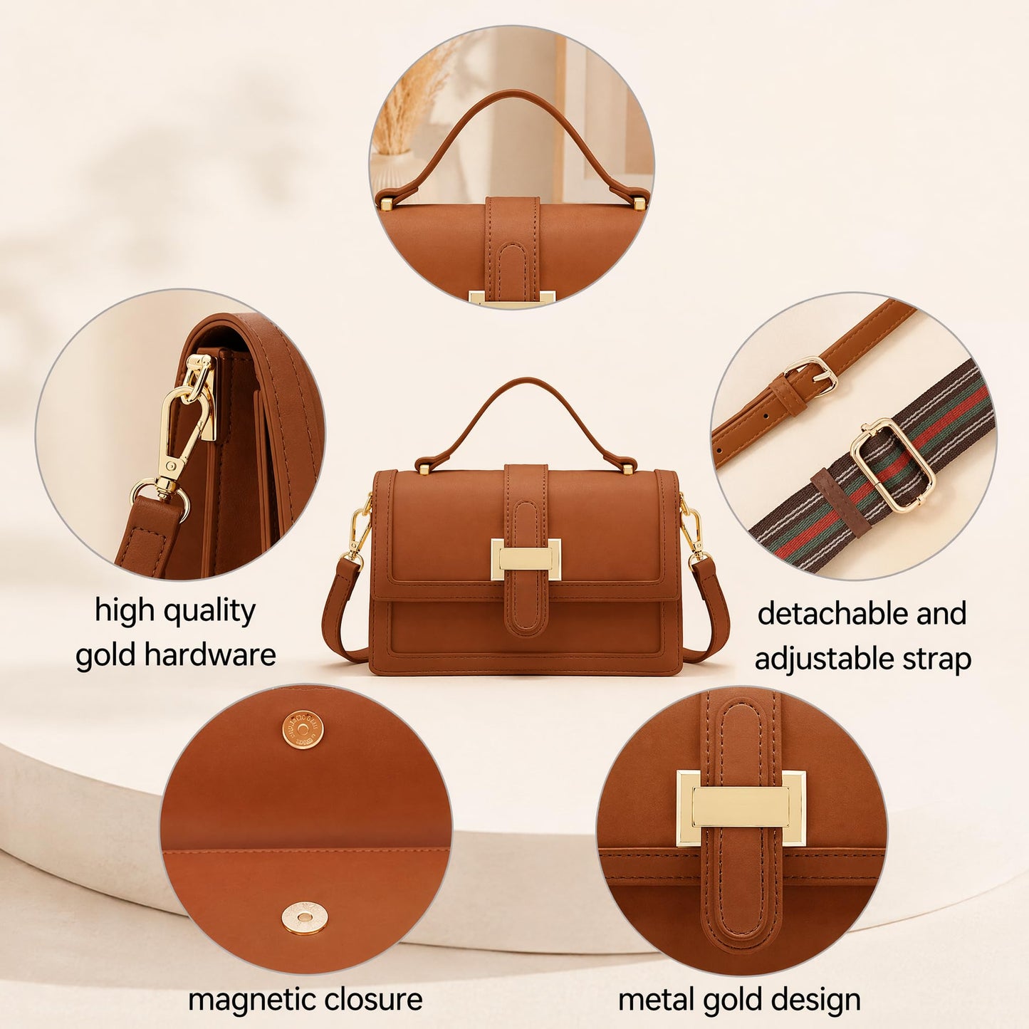 Kiss Sea Crossbody Bags for Women Leather Top Handle Purses Designer Shoulder Handbags with Adjustable Strap Brown