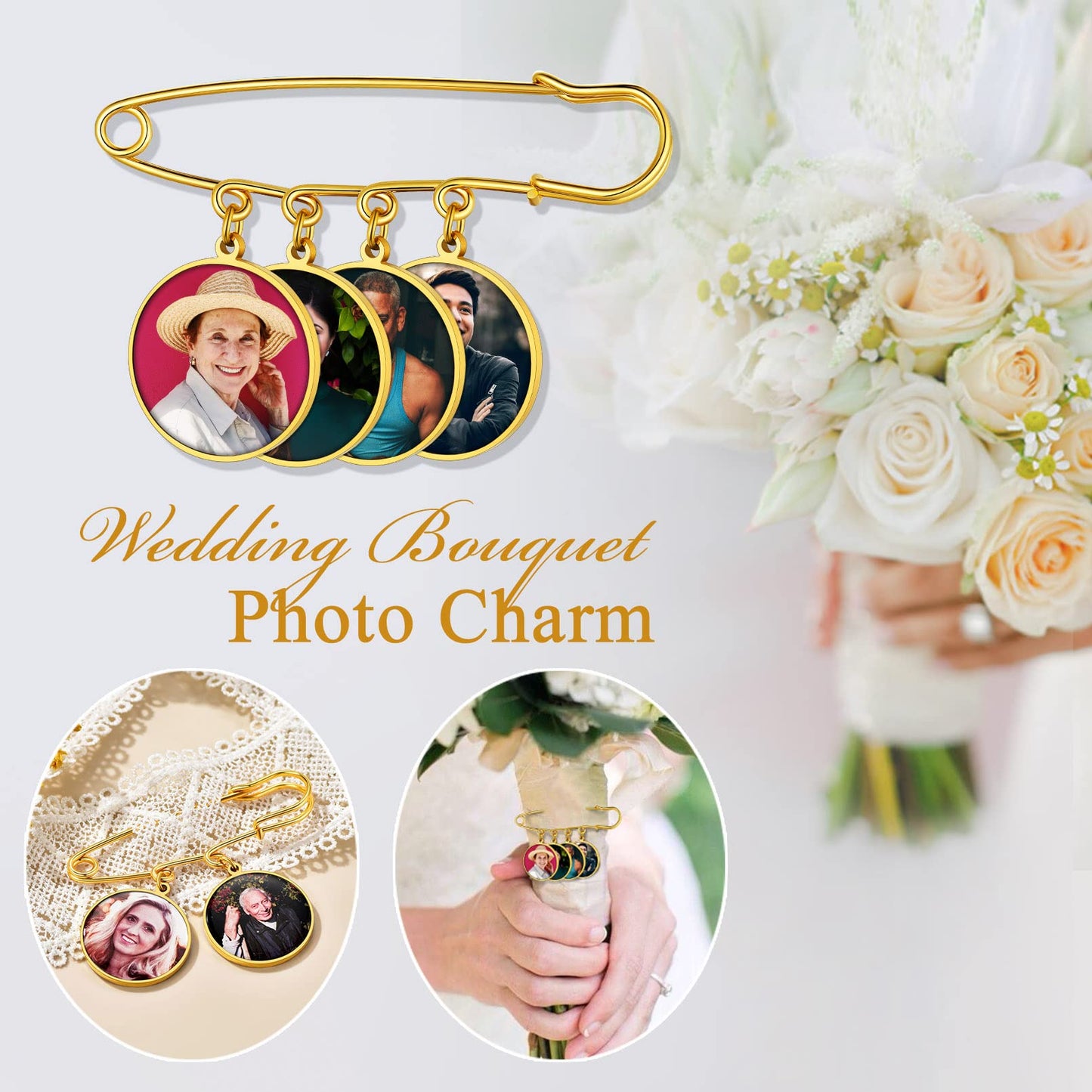 Custom4U Bouquet Brooches for Bridal Bouquets Round Shaped Memorial Photo Charms Wedding Funeral Bouutonniere Jewelry
