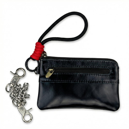 Genuine Leather Coin Purse with Removeable Wallet Chain & Wristlet - 2-Zipper Pocket Keychain Wallet, Small Black Change Purse and Card Holder for Men & Women