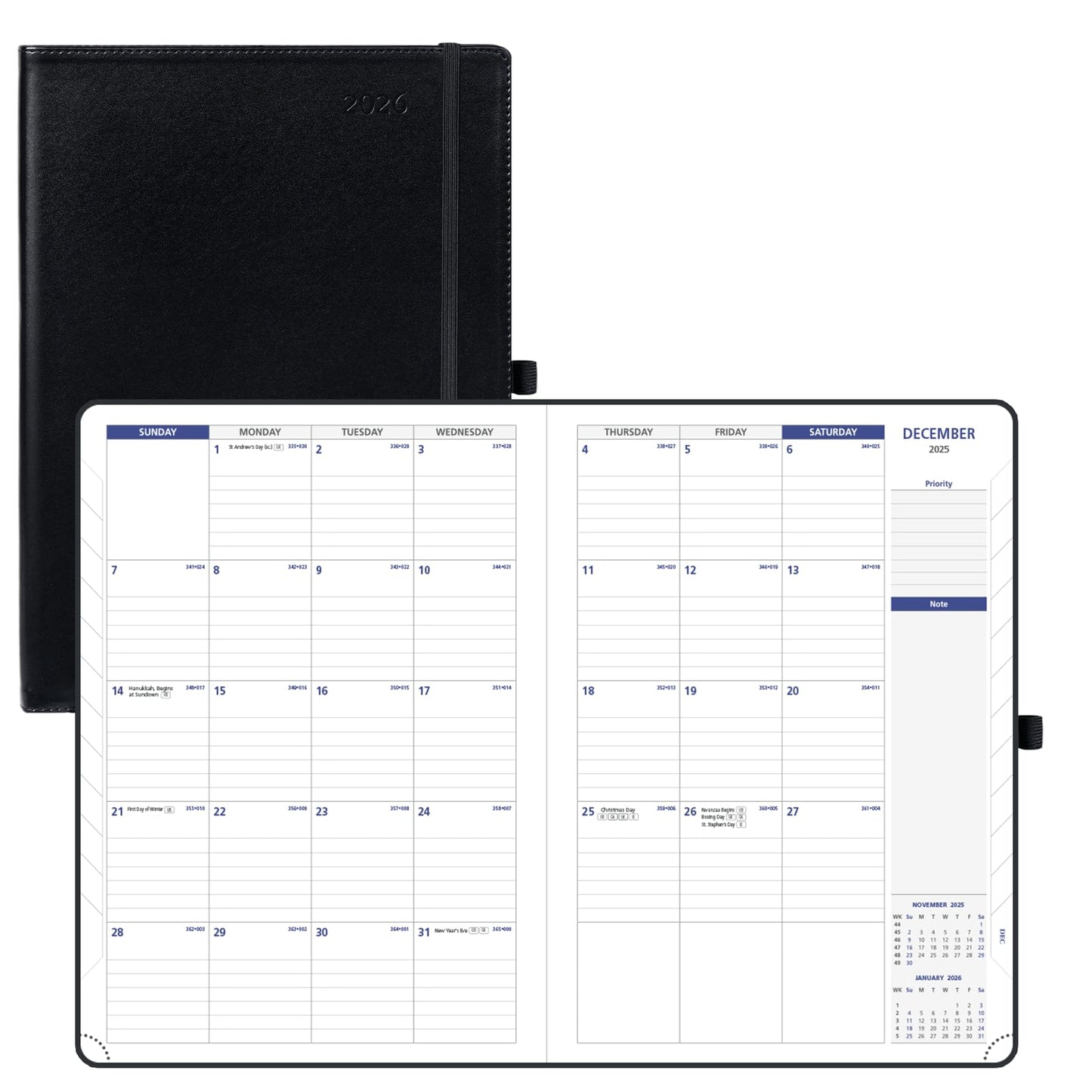 POPRUN Monthly Planner 2026-2027 (Large-8.25'' x 11.75''), 16 Months Calendar (Dec 2025-Mar 2027) Appointment Book with Stair Tabs, Inner Pockets, Pen Holder, PU Leather Softcover - Black