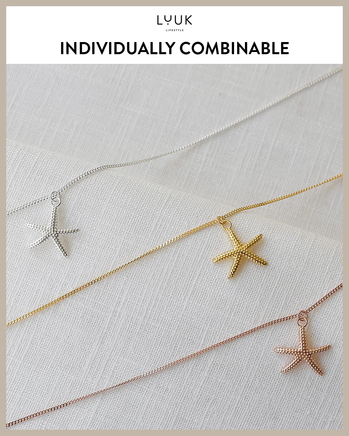 LUUK LIFESTYLE Necklace with starfish pendant and HAPPINESS card, 925 sterling silver, jewelry gift idea for women, 19”, modern fashion accessory for summer, adjustable chain, rose gold
