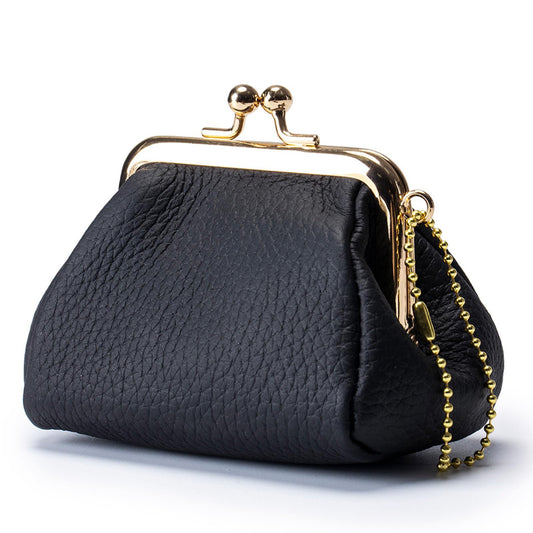 Genuine Leather mini Coin Purse, Small Vintage Kiss Lock Jewelry Storage Organizer, Cute Lipstick Jewelry Storage Case for Women (Black)