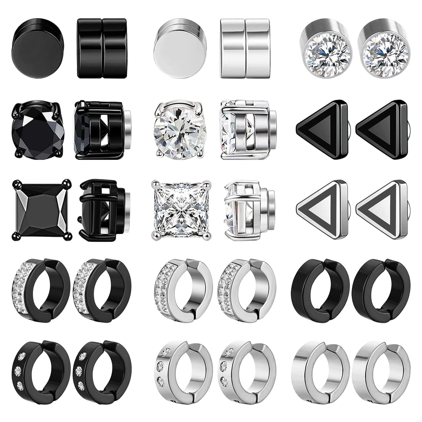 NEWITIN 15 Pairs Magnetic Stud Earrings for Men Clip on Earrings Stainless Steel Magnet Earring Unisex Dangle Cross CZ Hoop Magnetic Stud Earring Set for Men Women