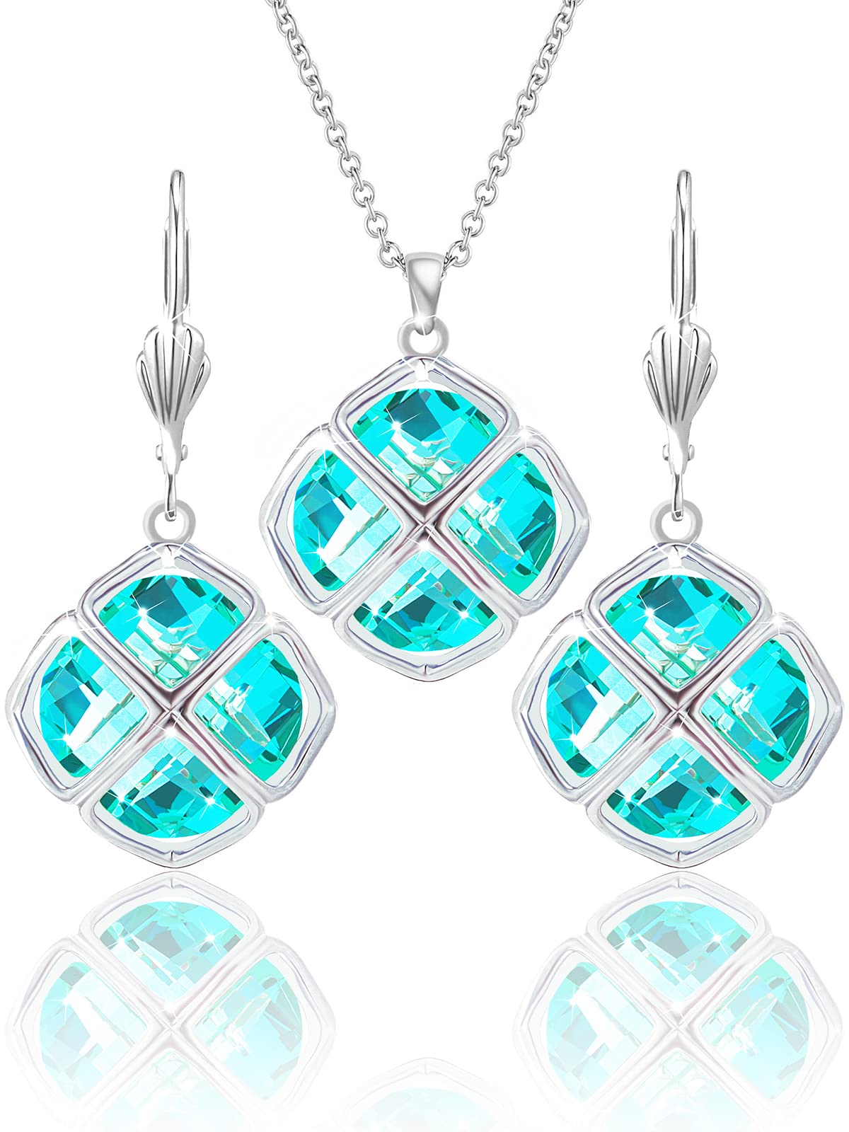 Qinpan 14MM Crystal Pendant Dangle Necklace Earrings Sets for Women Glod Plated Costume Jewelry, 38*17.8mm, Platinum, Crystal