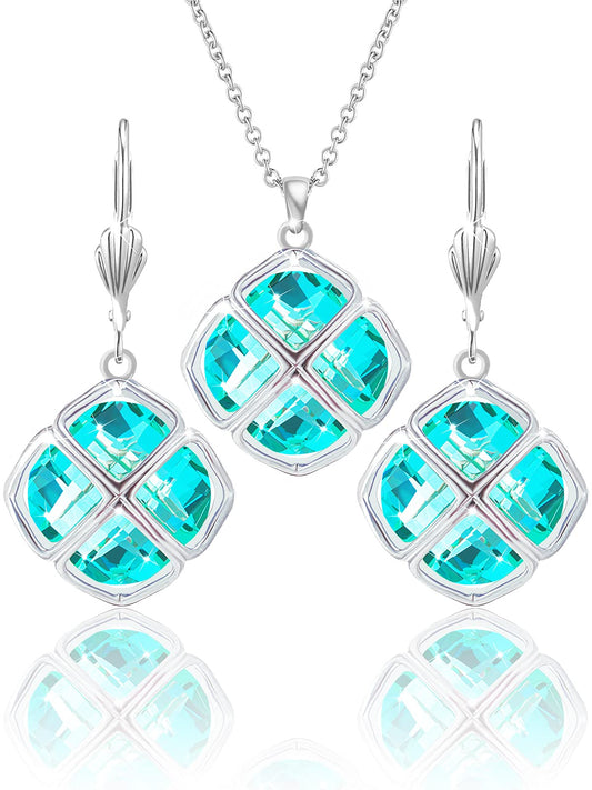 Qinpan 14MM Crystal Pendant Dangle Necklace Earrings Sets for Women Glod Plated Costume Jewelry, 38*17.8mm, Platinum, Crystal