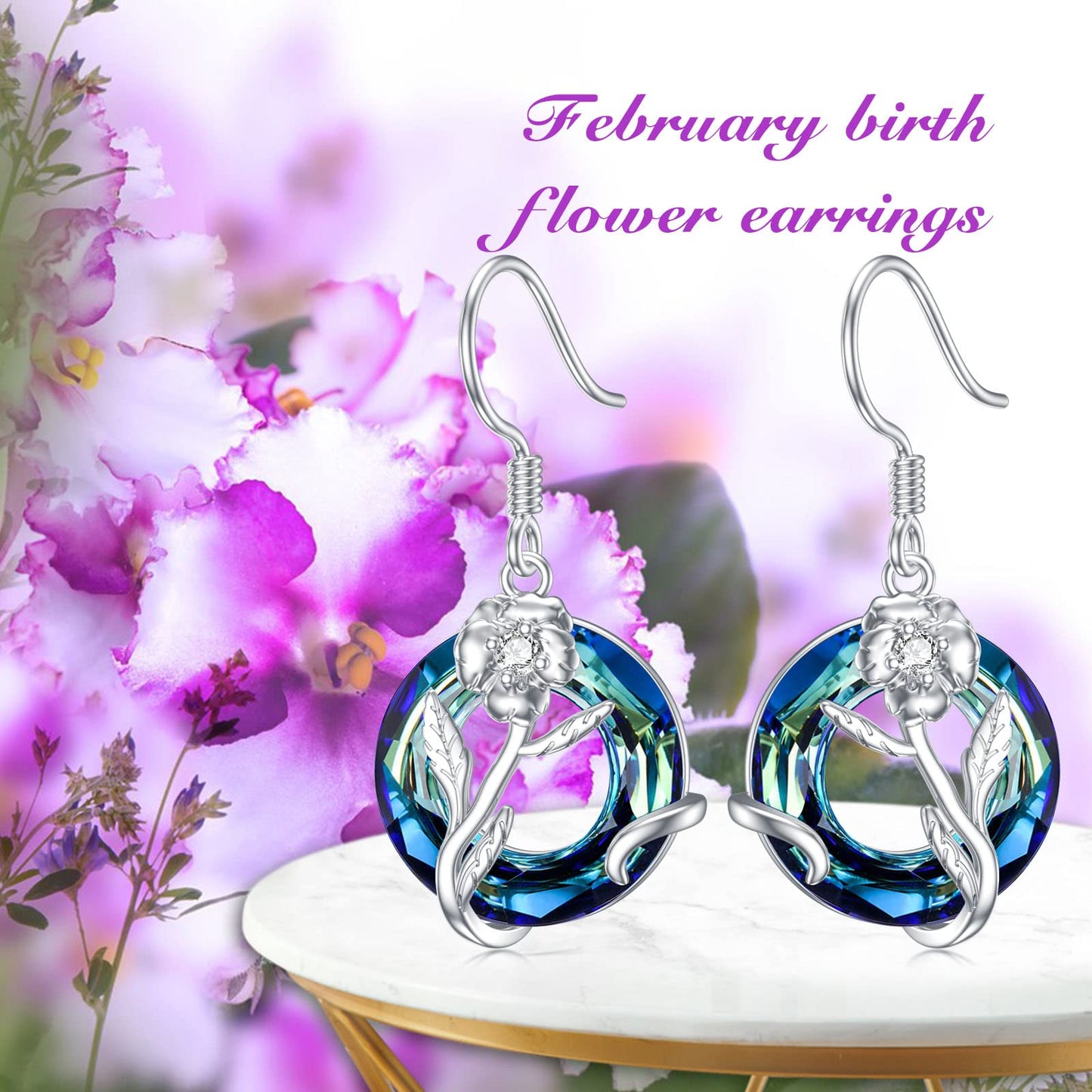 TOUPOP February Birth Flower Earrings Violet Drop Dangle Earrings Blue Crystal Jewelry Birthday Mothers Day Gifts for Women Mom Her