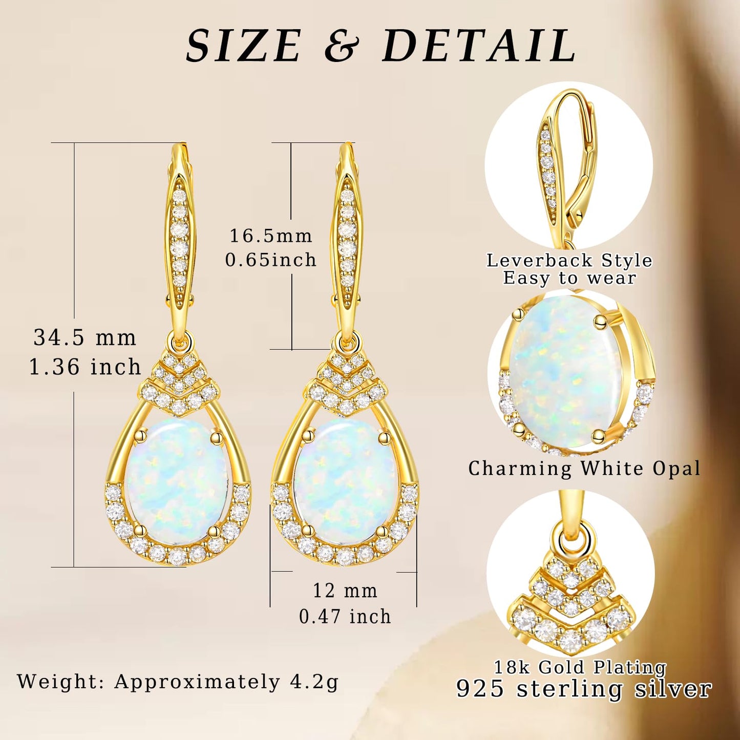 Valentine's Day Gifts for Women |18K G Plated Sterling Silver Birthstone Teardrop Leverback Drop Earring for Women Lady | Wedding Jewelry Gifts for the Bride | Hypoallergenic Oval Cut CZ Earrings (Silver-10-Oct.-18k Plated-Opal)