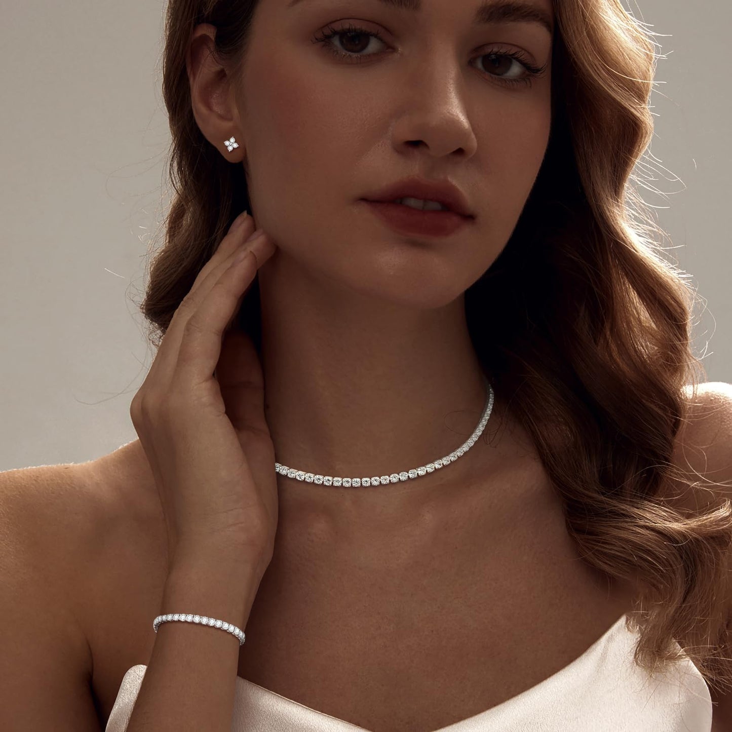 LULII Tennis Necklace Set for Women Dainty Sterling Silver Necklace and Earring Sets Diamond Leaf Stud Earrings Crystal Bracelets for Women Silver Jewelry Sets for Bride Gift