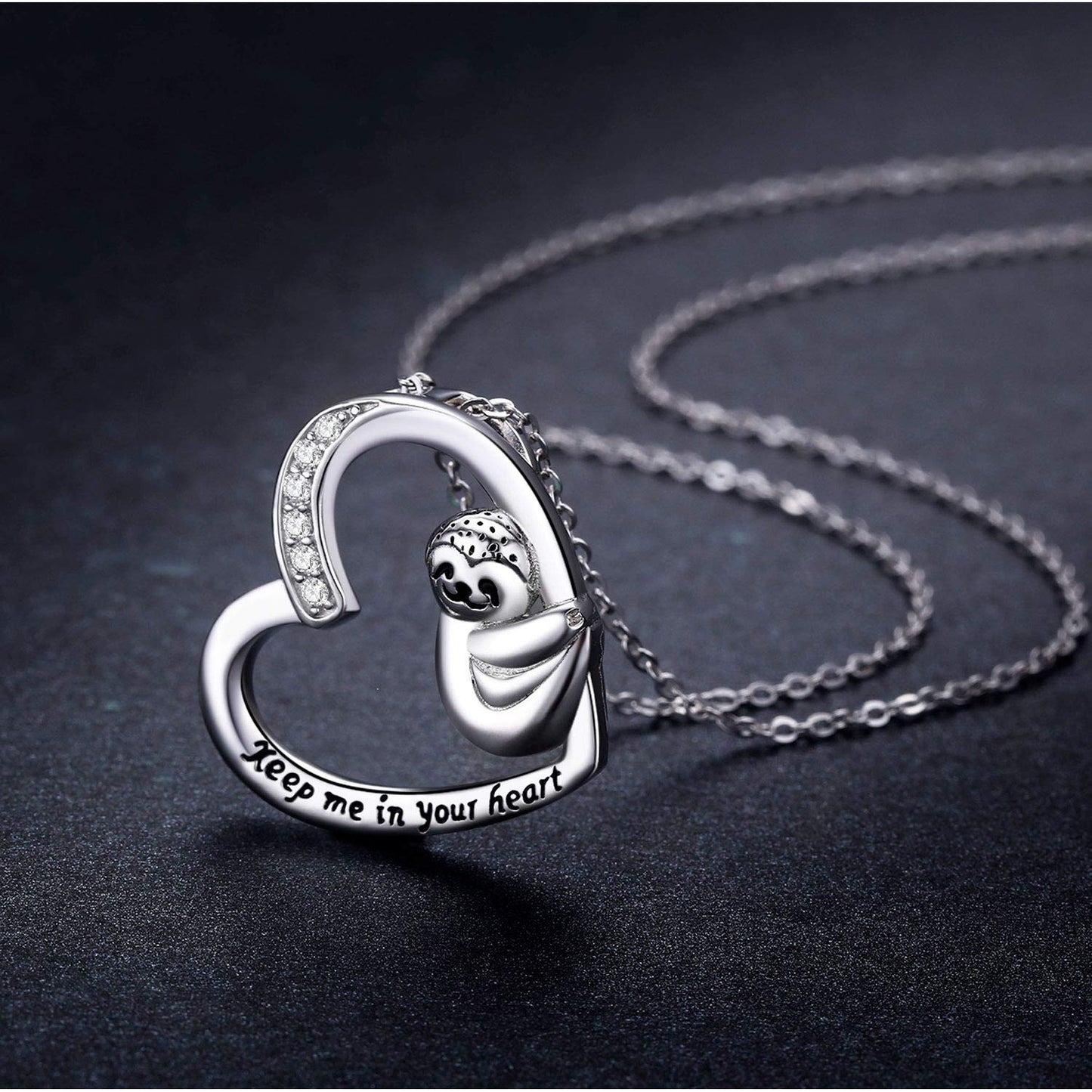 JUSTKIDSTOY S925 Sterling Silver Sloth Necklace “Keep Me in Your Heart”Animal Pendant Necklaces for Women Sloths Lovers Gifts