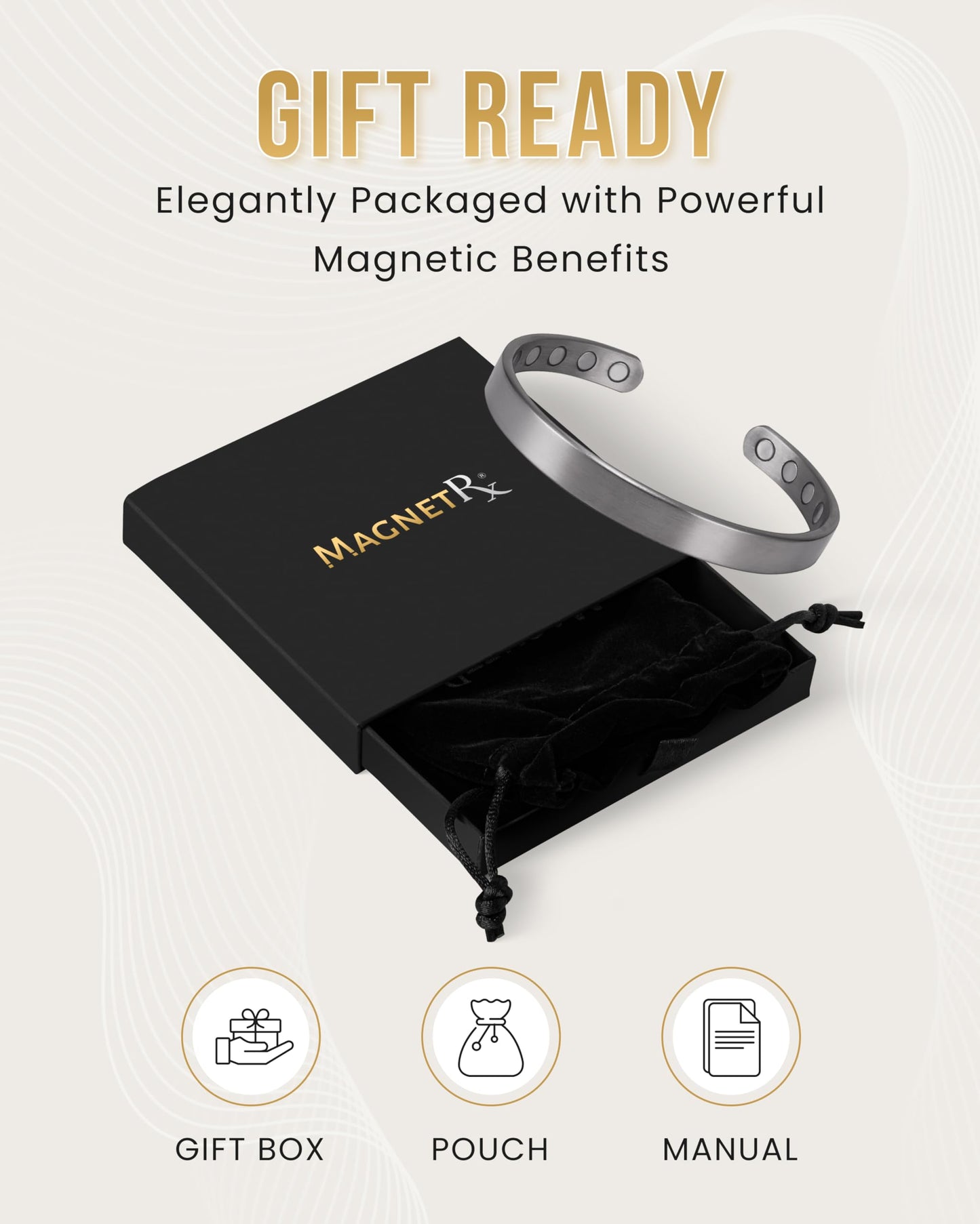 MagnetRX® Magnetic Bracelets for Men & Women - Elegant Bangle Men’s Cuff - Golf/Tennis Elbow & Balance, Stainless Steel Magnetic Bracelets for Women (Brushed Silver, Large (Pack of 1))