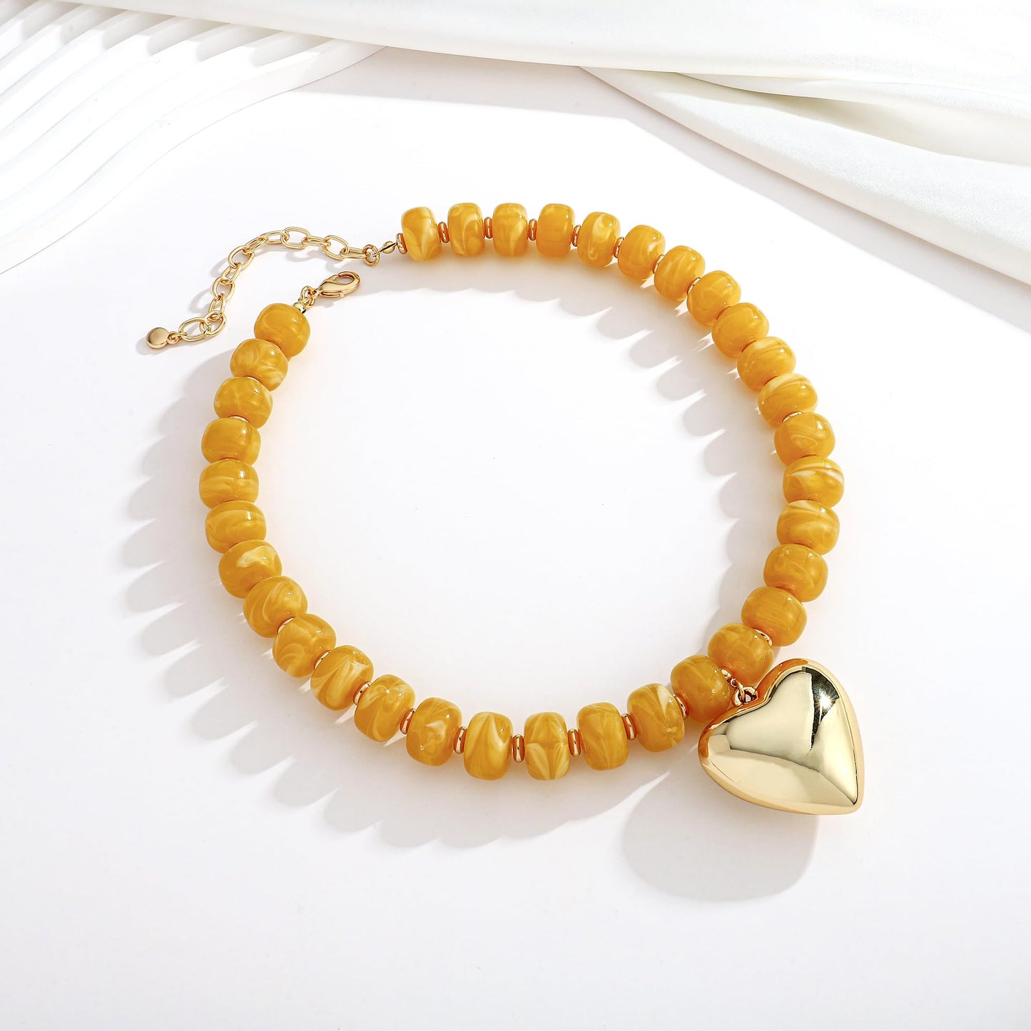 ENSKEFEN Gold Heart Necklaces for Women Trendy Yellow Resin Acrylic Beaded Necklace Bohemia Bold Statement Necklace Jewelry