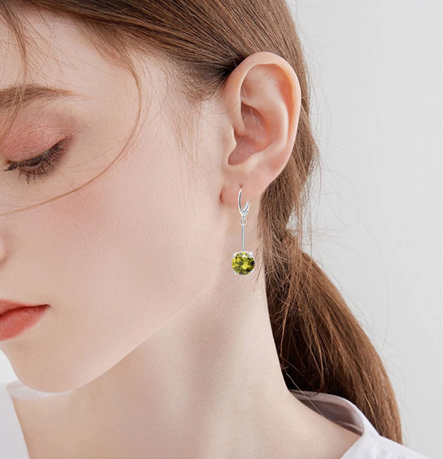 VONSSY Gemstone Drop Dangle Earrings | Platinum /Gold Plated Leverback Crystal Cubic Zirconia Hanging Red /Pink/Blue Earrings (Olive Green-Platinum)