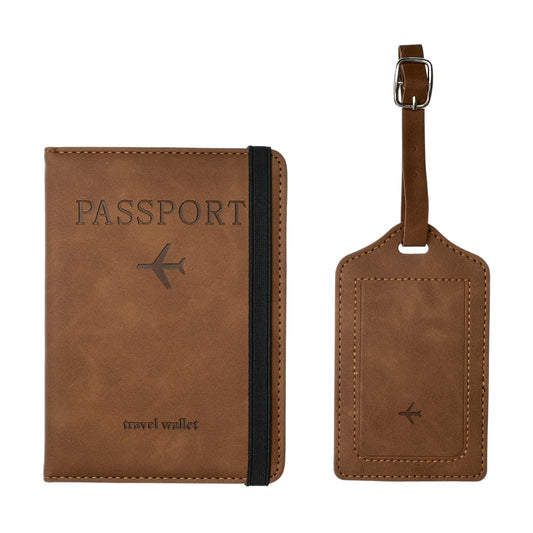 Luggage Tag and Passport Holder Set,Passport Cover with Card Slot and Boarding Pass Slot Combo,Passport Travel Must Have, Waterproof and Scratch Resistant Travel Accessories（Brown）