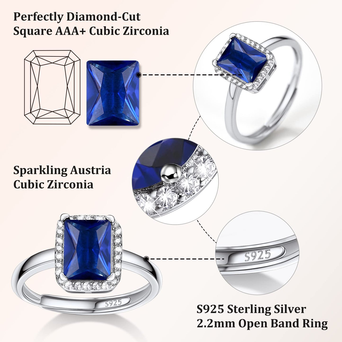 Bestyle Adorable September Sapphire Birthstone Rings 925 Sterling Silver CZ Square Gemstone Rings Great Birthday Gift for Daughter/Wife/Mom/Grandma