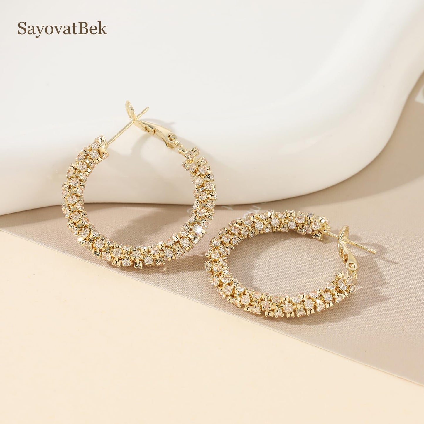 SayovatBek 14K Gold Plated 25–35mm Lightweight Hoop Earrings for Women, Cubic Zirconia, 925 Sterling Silver Post, Hypoallergenic Jewelry