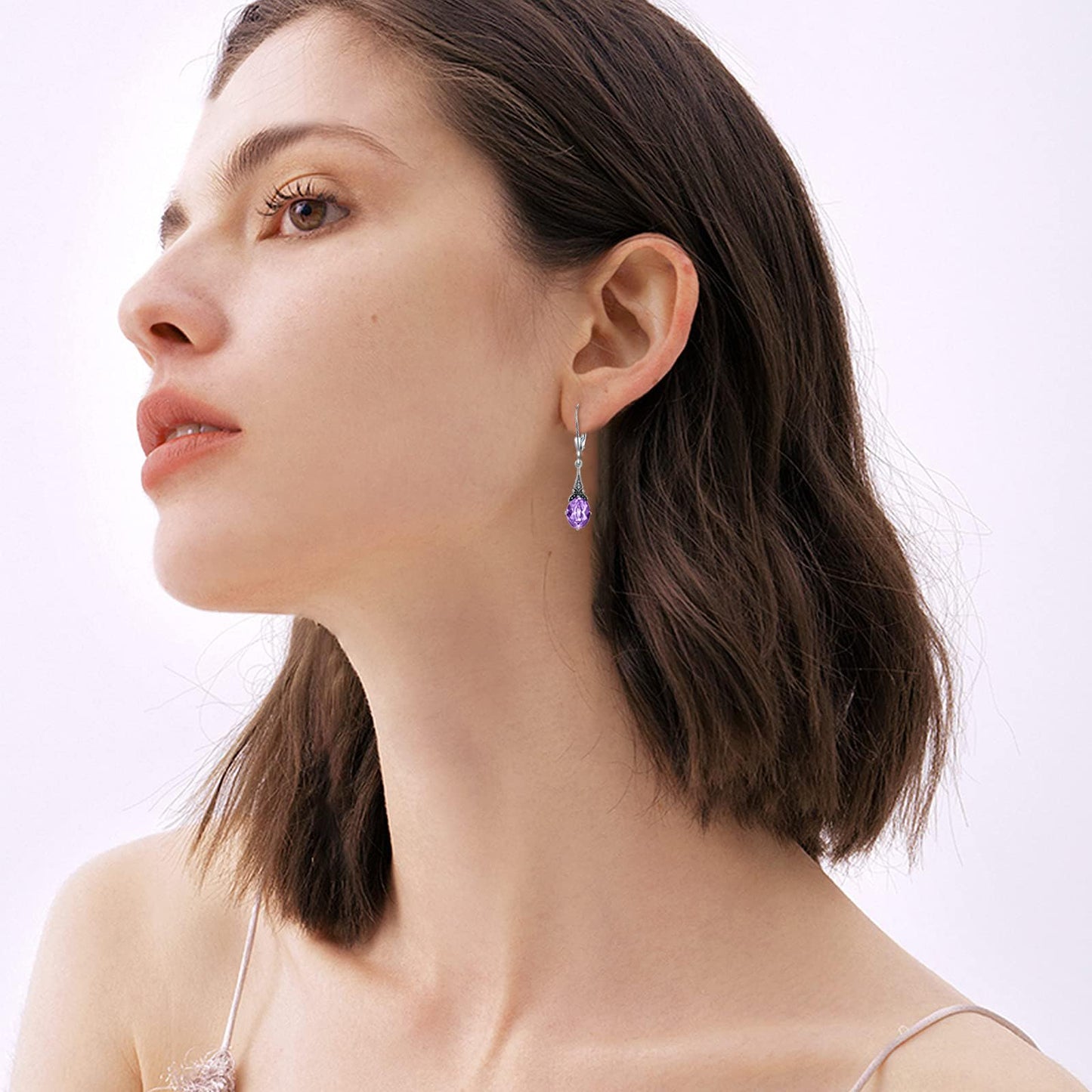Violet Purple Earrings for Women 925 Sterling Silver Vintage Retro Leverback Drop Dangle Earrings with Lavender Purple June Birthstone Crystals