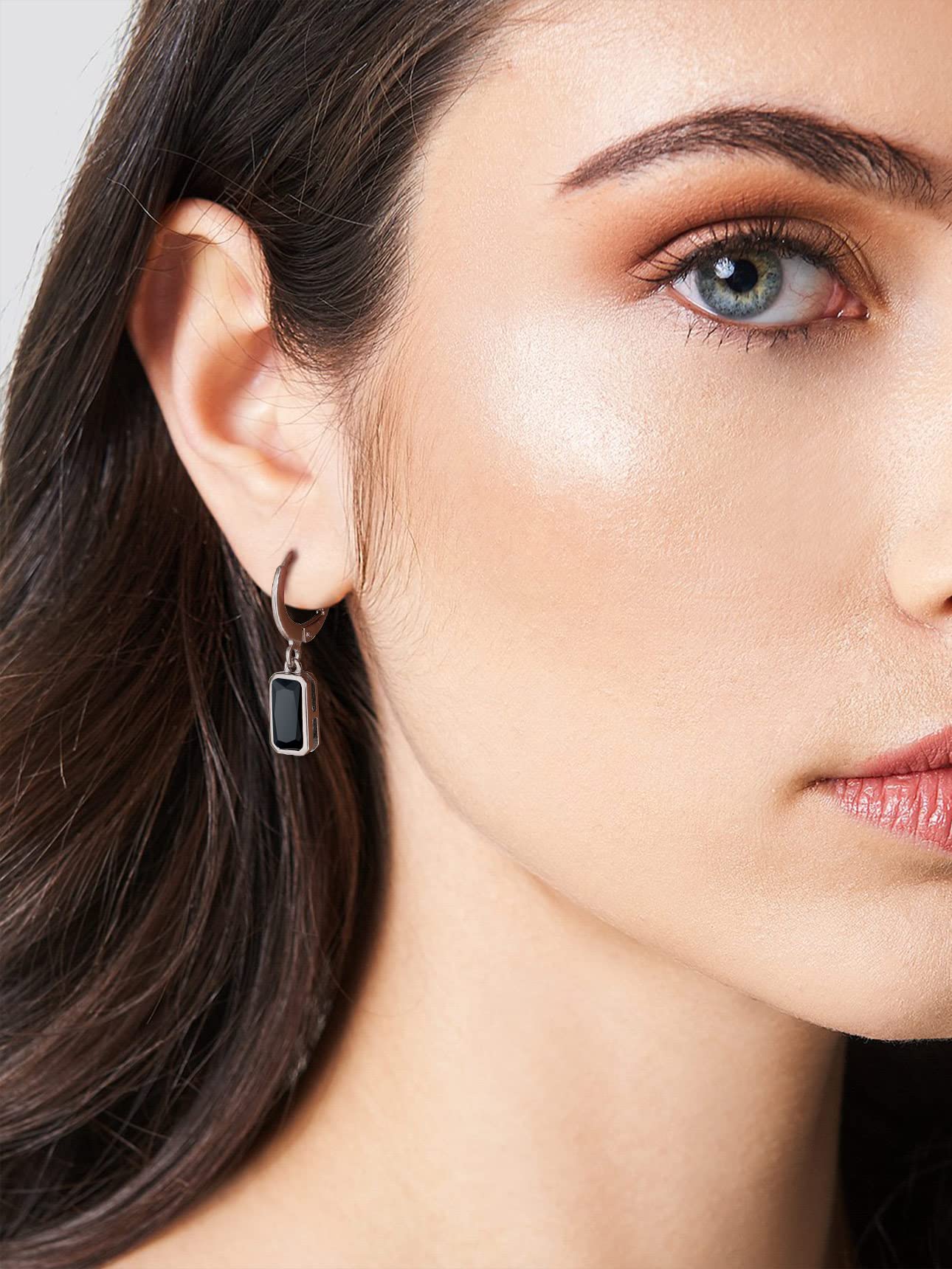 Bestyle Dainty Black Onxy Drop Earrings for Women - Rectangular Birthstone Dangle Earring with Hypoallergenic Silver Huggie Hoops - Trendy Black Baguette Dangle Hoop Earrings