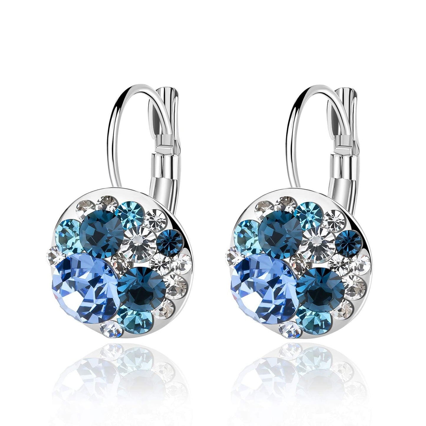 Multicolored Austrian Crystal Earrings for Women 14K Gold Plated Leverback Dangle Hoop Earrings (Blue Main Crystal/Silver-tone)