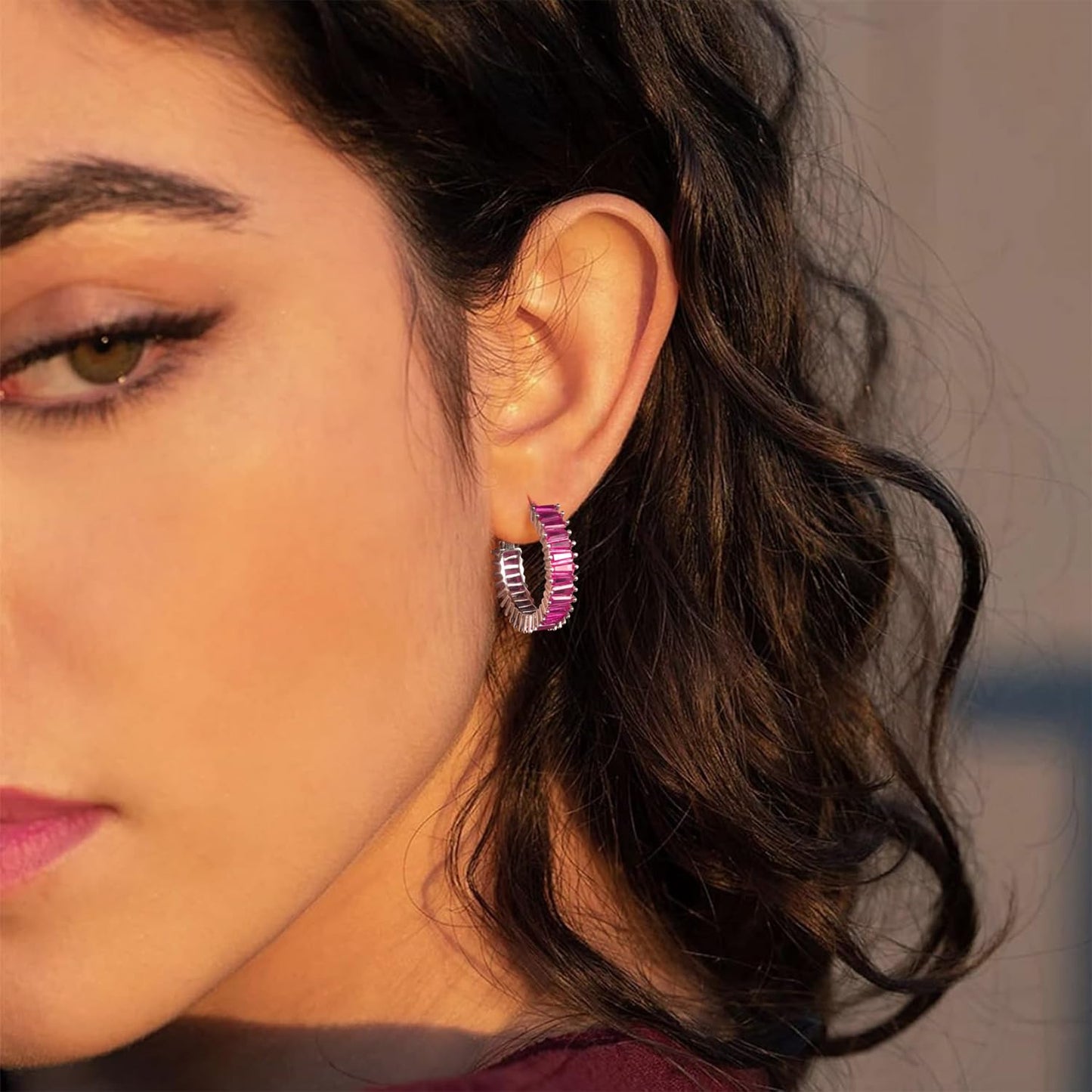 GLOQUAT Hot Pink Earrings for Women Fuchsia Earring Silver Plated Cubic Zirconia Hoops Fashion Baguette Hoop Earring Womens Stacks Hoop Women Rose Pink Rhinestone Hypoallergenic Jewelry Gift