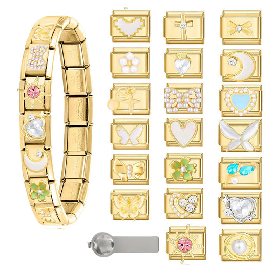 ITingstere Italian Charms Bracelet Sets with 1Pcs Gold Brascelet,20Pcs Charms and Opening Tools,9mm Italian Modular Charm Bracelet Link Handmade