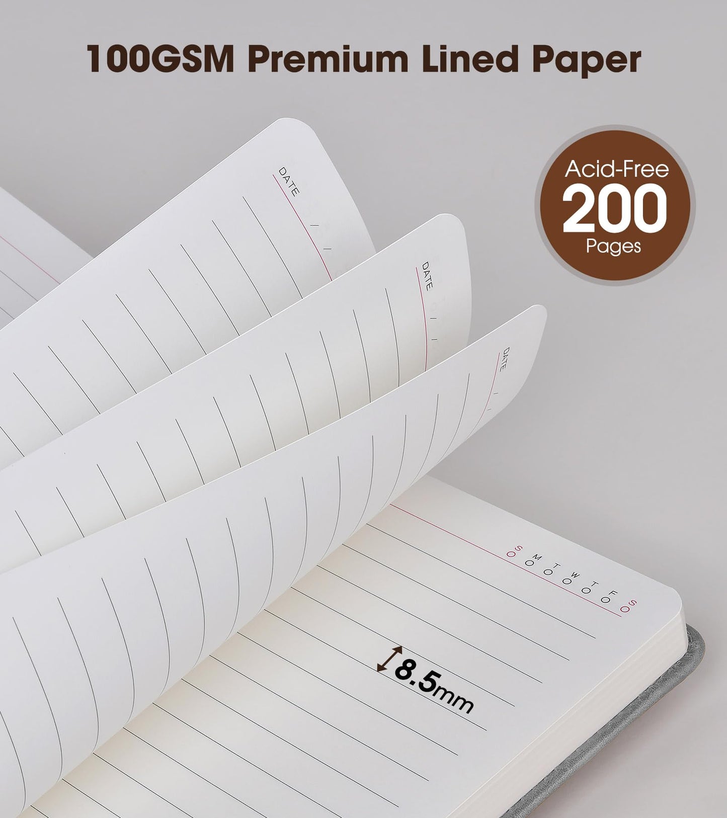 Lined Journal Notebook with Pen, A5 Personalized Hardcover Leather Journal for Men Women, 200 Pages 100 GSM Thick Paper College Ruled Notebooks for Work Travel School Writing Diary 5.9" X 8.4" Grey