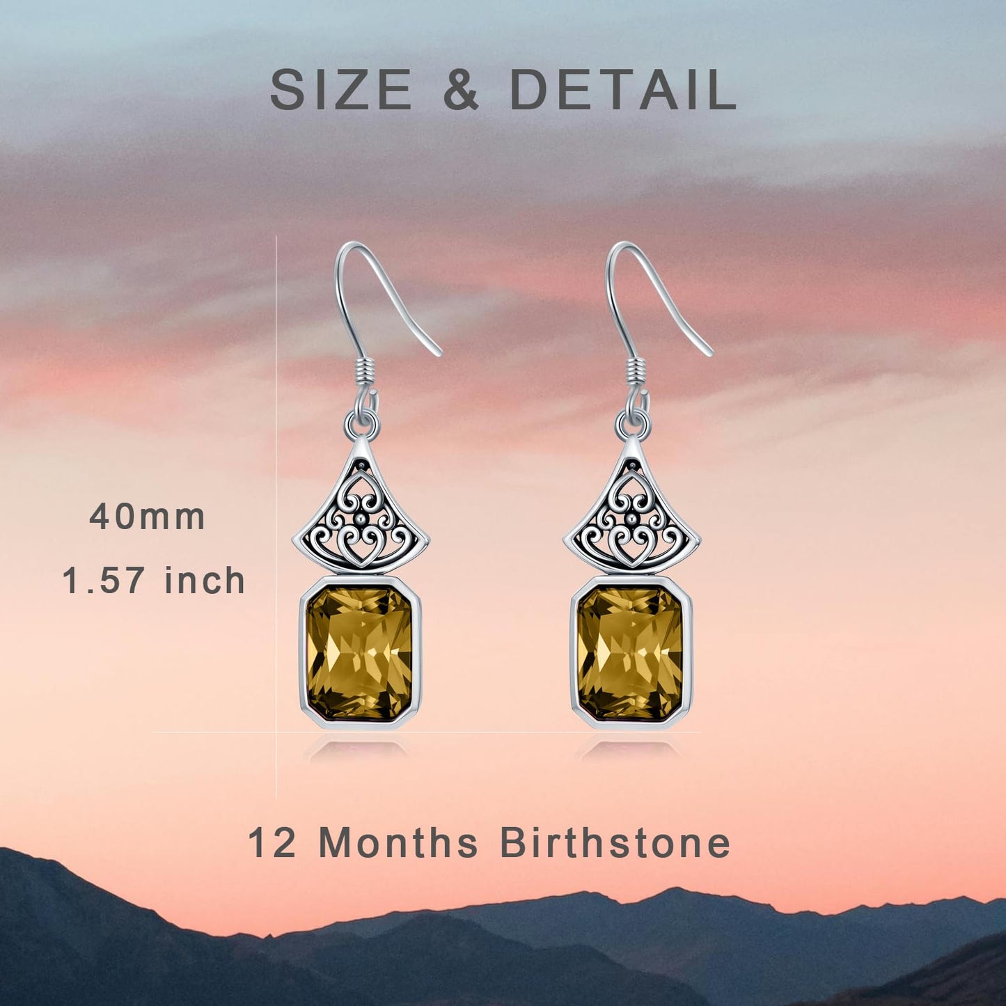 Vintage Earrings 925 Sterling Silver Oxidized Dangle Drop Earrings with Emerald Cut Yellow Crystal November Birthstone Anniversary Jewelry Gifts for Women
