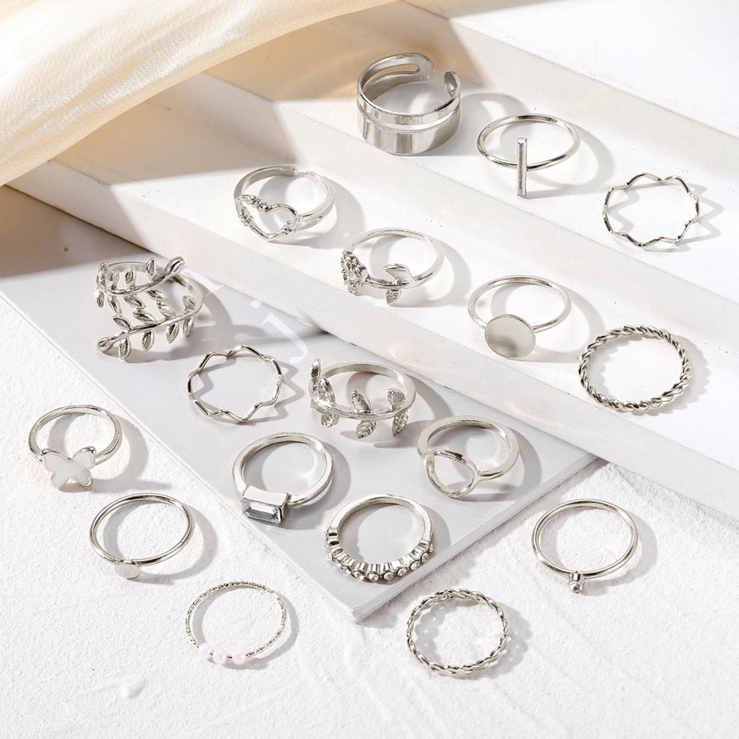 IFKM 24 Pcs Silver Knuckle Rings Set For Women Vintage Stackable Joint Finger Midi Rings Dainty Cubic Zirconia Crystal Simple Twist Hollow Cute Rings Pack Jewelry Gift (Love of Leaves, Silver)