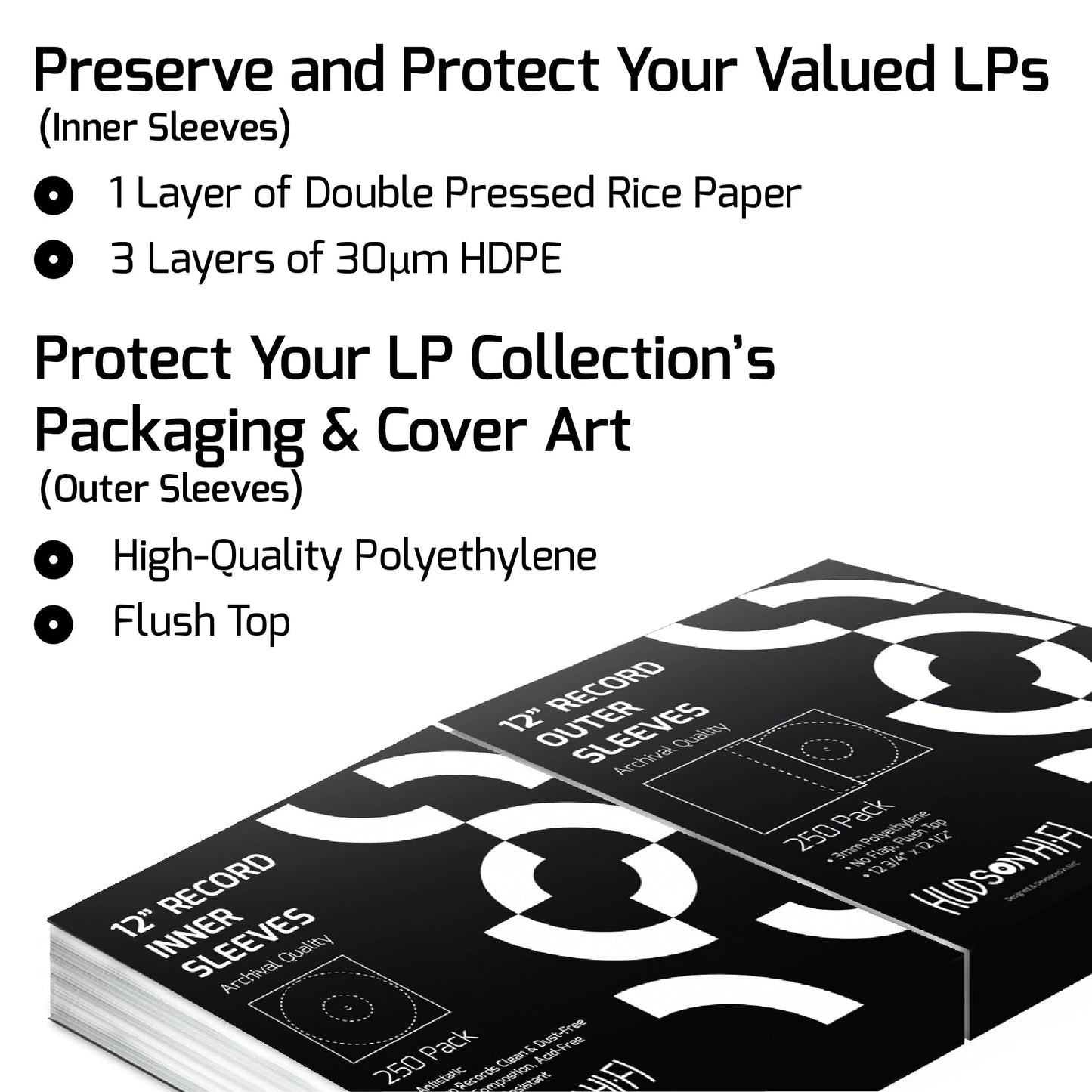 Hudson Hi-Fi Anti-Static Vinyl Record 250 Inner 250 Outer Sleeves - Ultimate LP Protection from Scratches, Dust & Dirt- Acid Free Thick Rice Paper