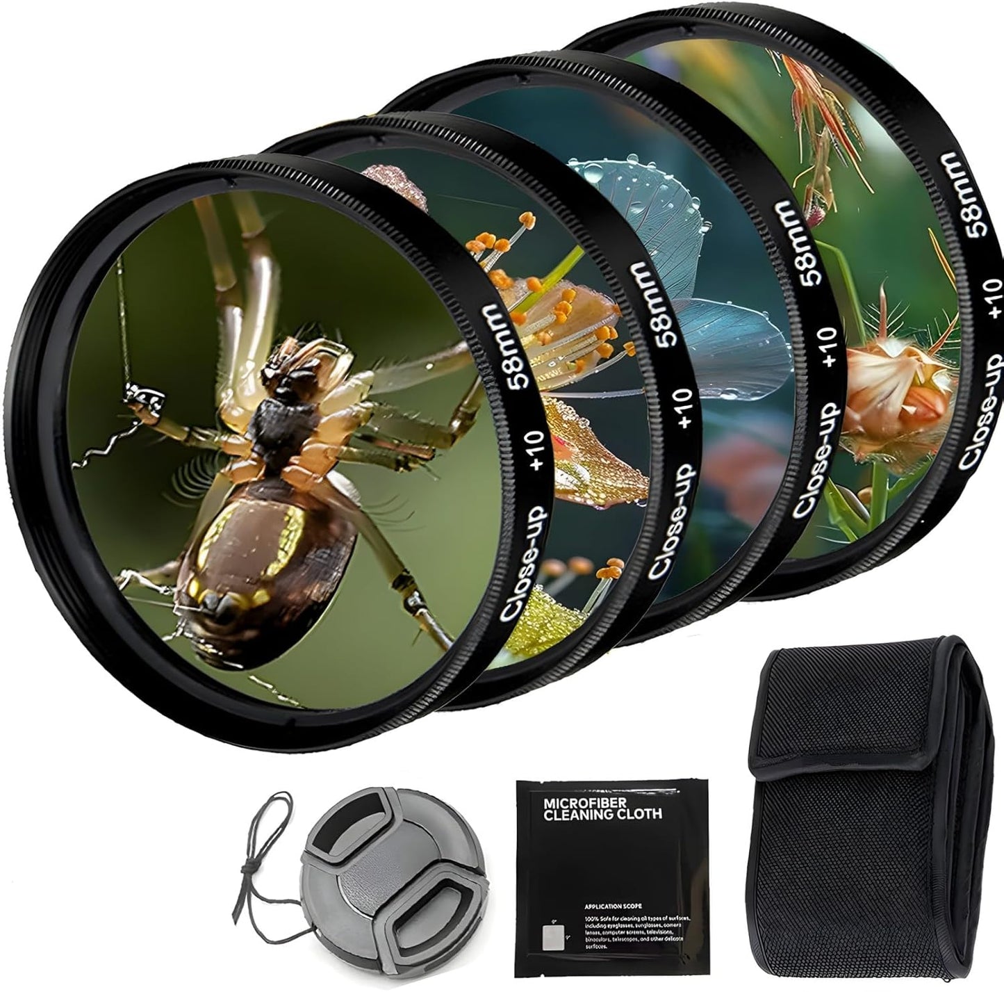 YOFOTIXAUU 55mm 4 (+1 +2 +4 +10) Set, (55mm) Close-Up Lens Filters Kit Pieces Macro Filter Lens Cap & Cleaning Cloth