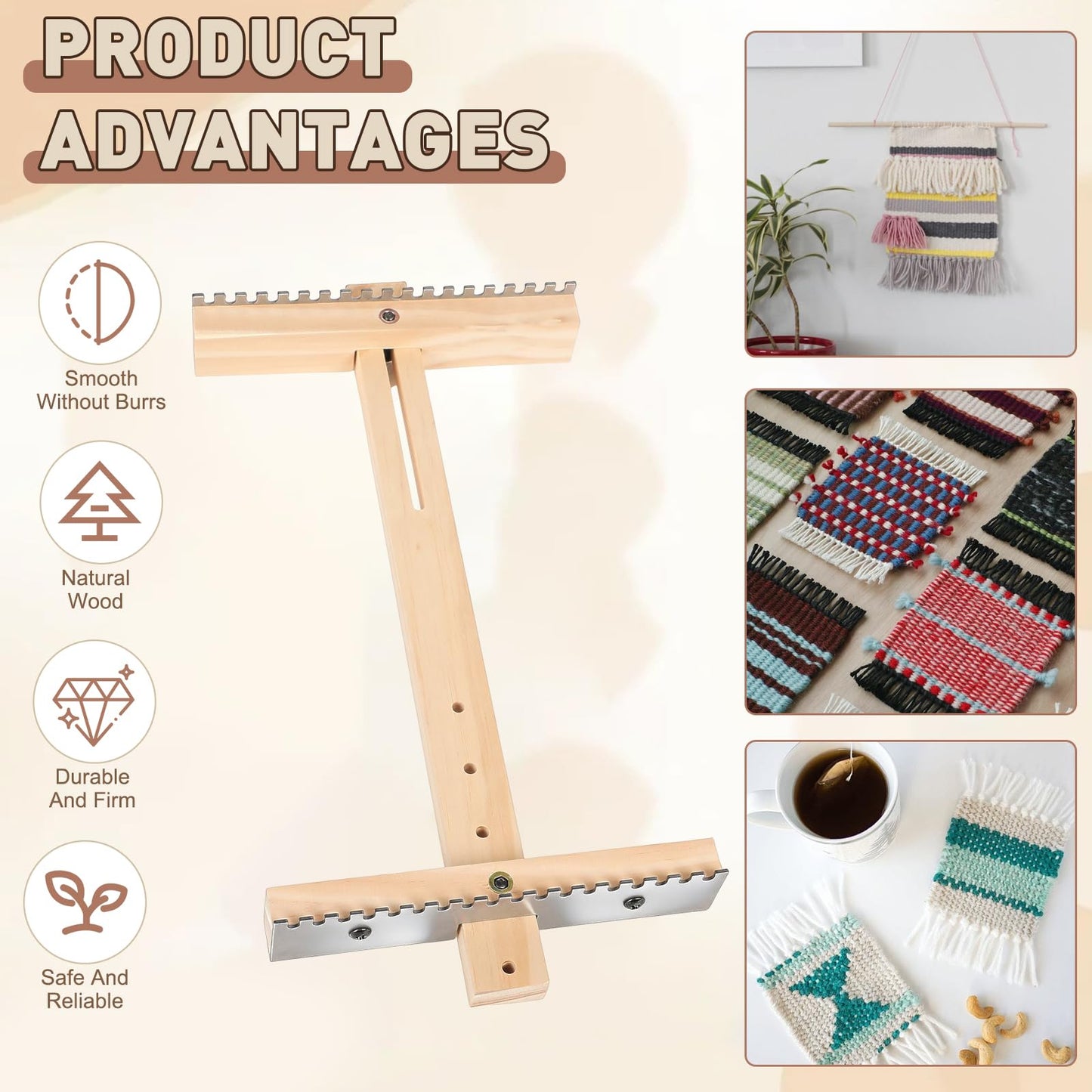 Adjustable Tapestry Weaving Loom Expandable 3.5in to 11.8in with Stainless Steel Peg Rails Wooden Frame Knitting Loom for Weaving Yarn Art Projects Ideal for Beginners Advanced