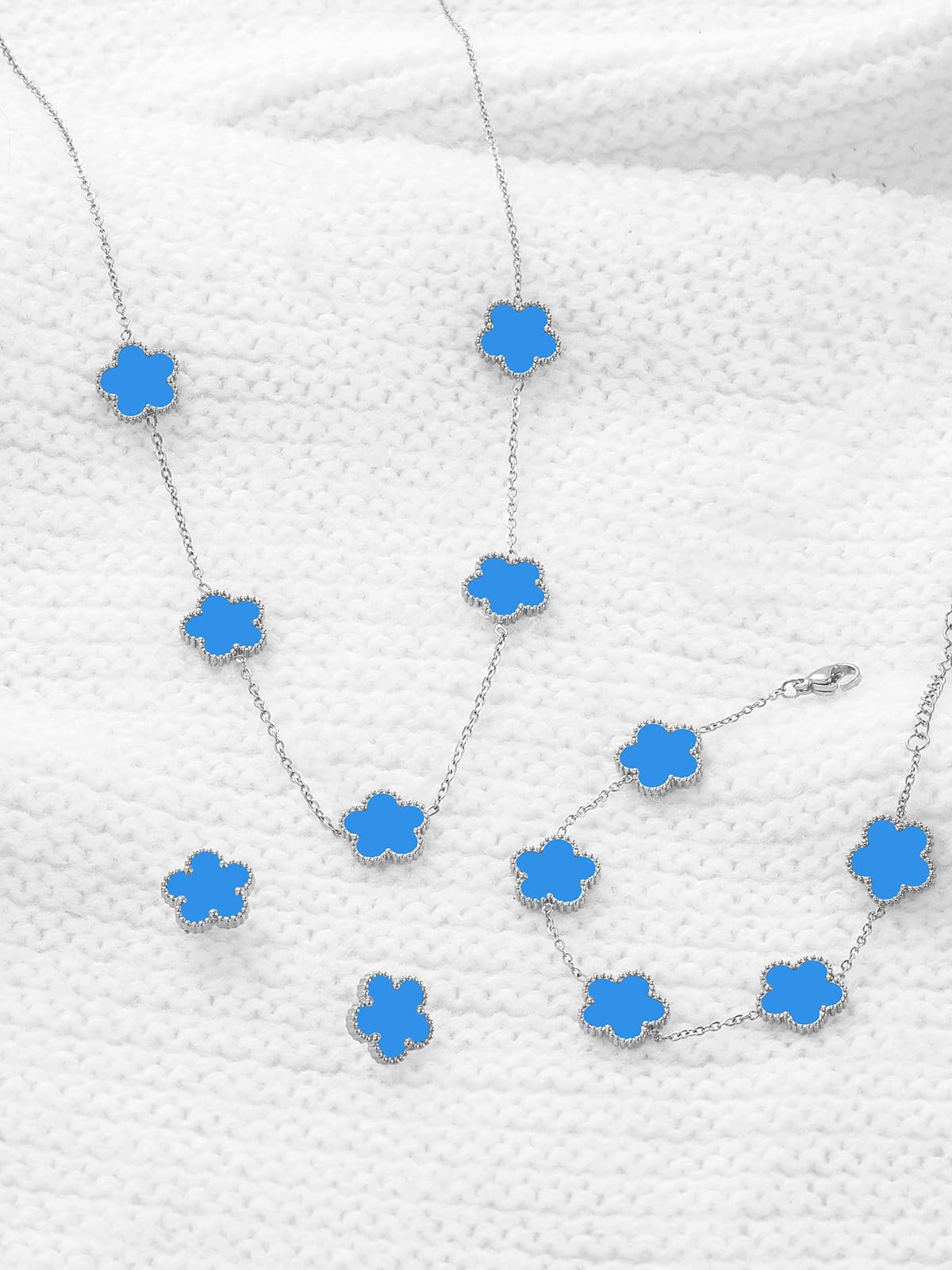 Qinpan Five Leaf Clover Necklace Bracelet and Stud Set for Women Lucky Flower Jewelry (Blue-Stainless Steel)