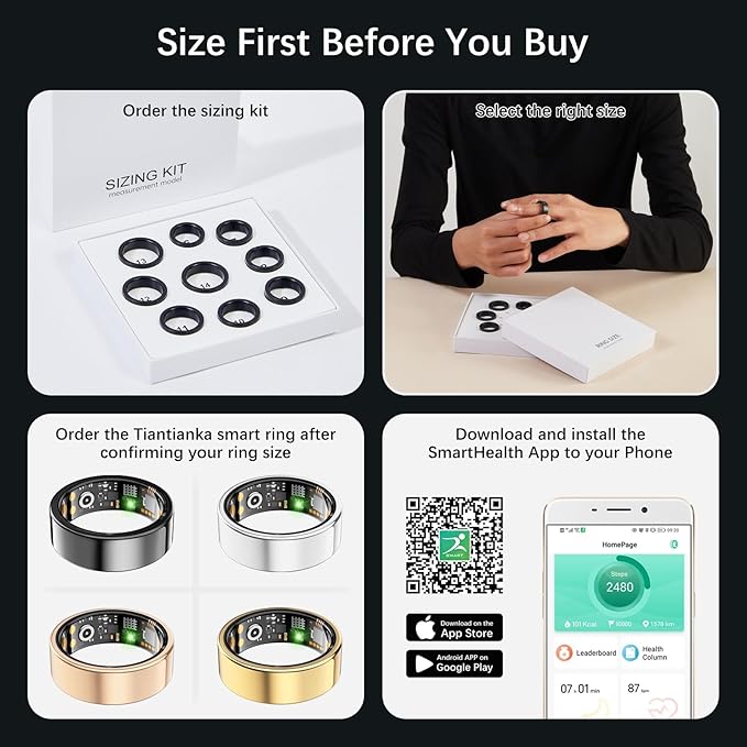 Ring Health Tracker for Women Men, Fit Ring with Heart Rate, Blood Oxygen, Sleep Monitor, Calories, Step Counter, IP68 Waterproof Smart Ring for iPhone & Android, No Subscription Fee (Black, 12#)