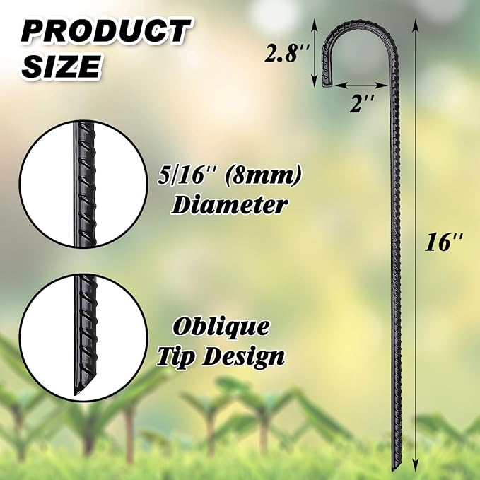 FEED GARDEN 16 Inch 16 Pack Rebar Stakes Heavy Duty J Hook, Galvanized Steel Ground Stakes Tent Stakes Ground Anchors, Chain Link Fence Stakes, Trampoline Stakes, Black