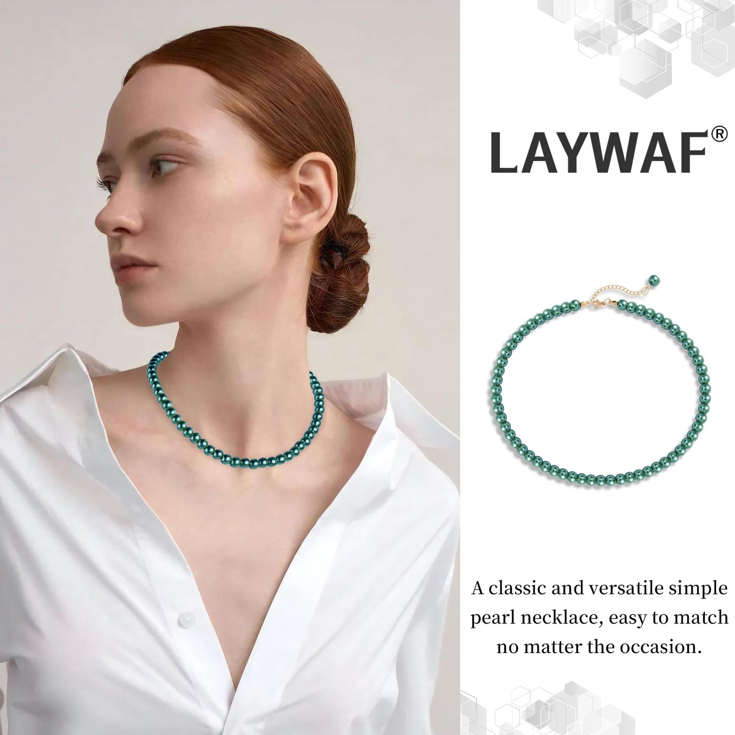 LAYWAF Green Imitation Pearl Necklace for Women, Fake Pearl Choker, 8MM Beaded Necklace, Simple Dainty Faux Pearl Jewelry for Mom Wedding Bride, Costume Pearl Accessories