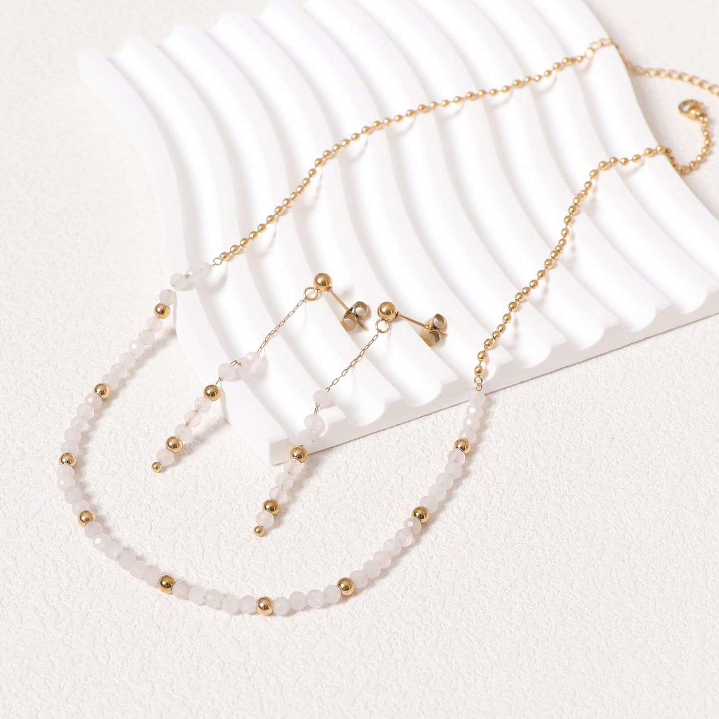 TaYolnFaSo Round Rose Quartz Beads Jewelry Set for Women 18K Gold Plated Rose Quartz Necklace and Earrings Set Gift for Girlfriend