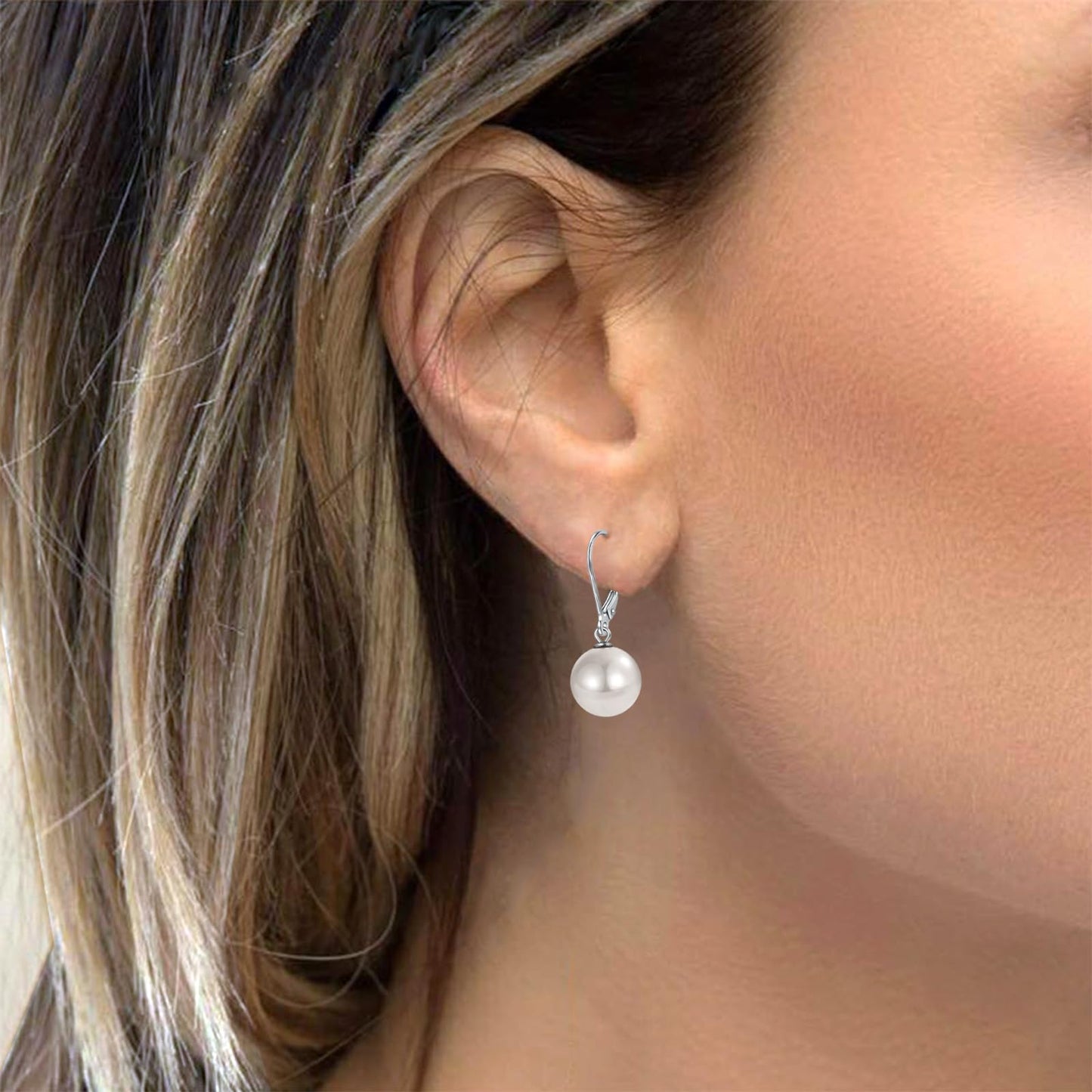 Rnivida 925 Sterling Silver White Pearl Earrings Leverback Pearl Drop Earring for Women,10MM Hypoallergenic Pearl Dangle Earring for Daily,Bridesmaid Bridal Wedding